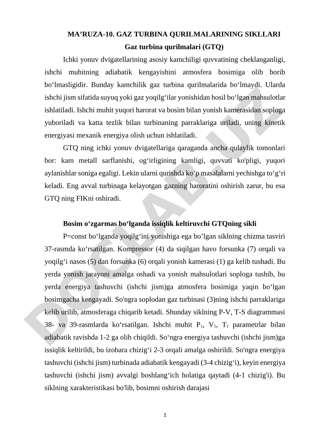 Gaz turbina qurilmalarining sikllari
