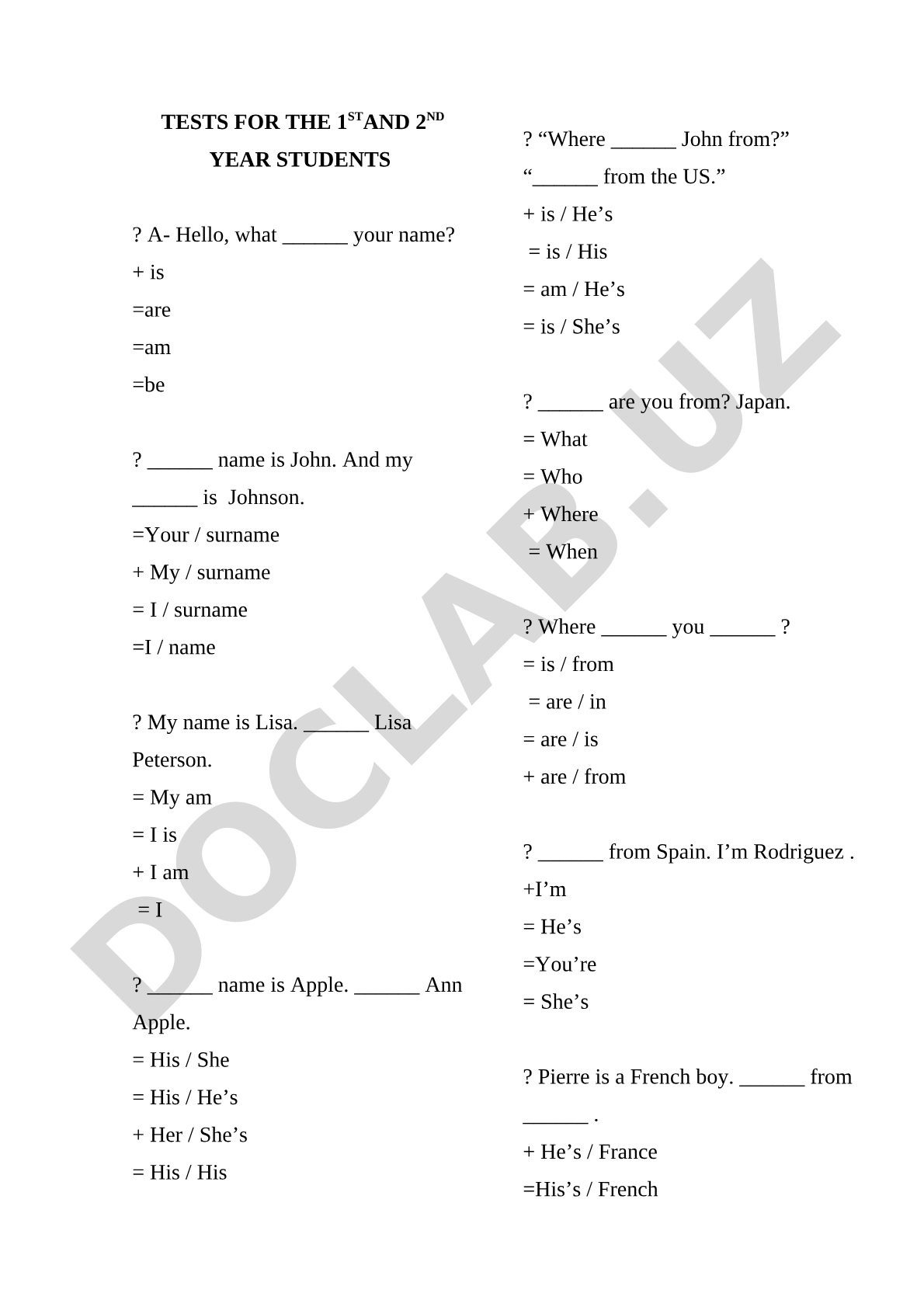 English grammar tests for 1st and 2nd year students