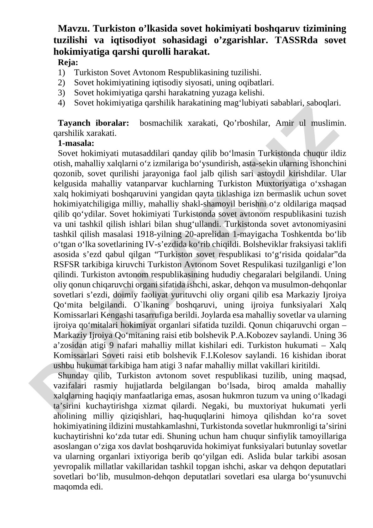 Turkiston o’lkasida sovet hokimiyati boshqaruv tizimining tuzilishi
