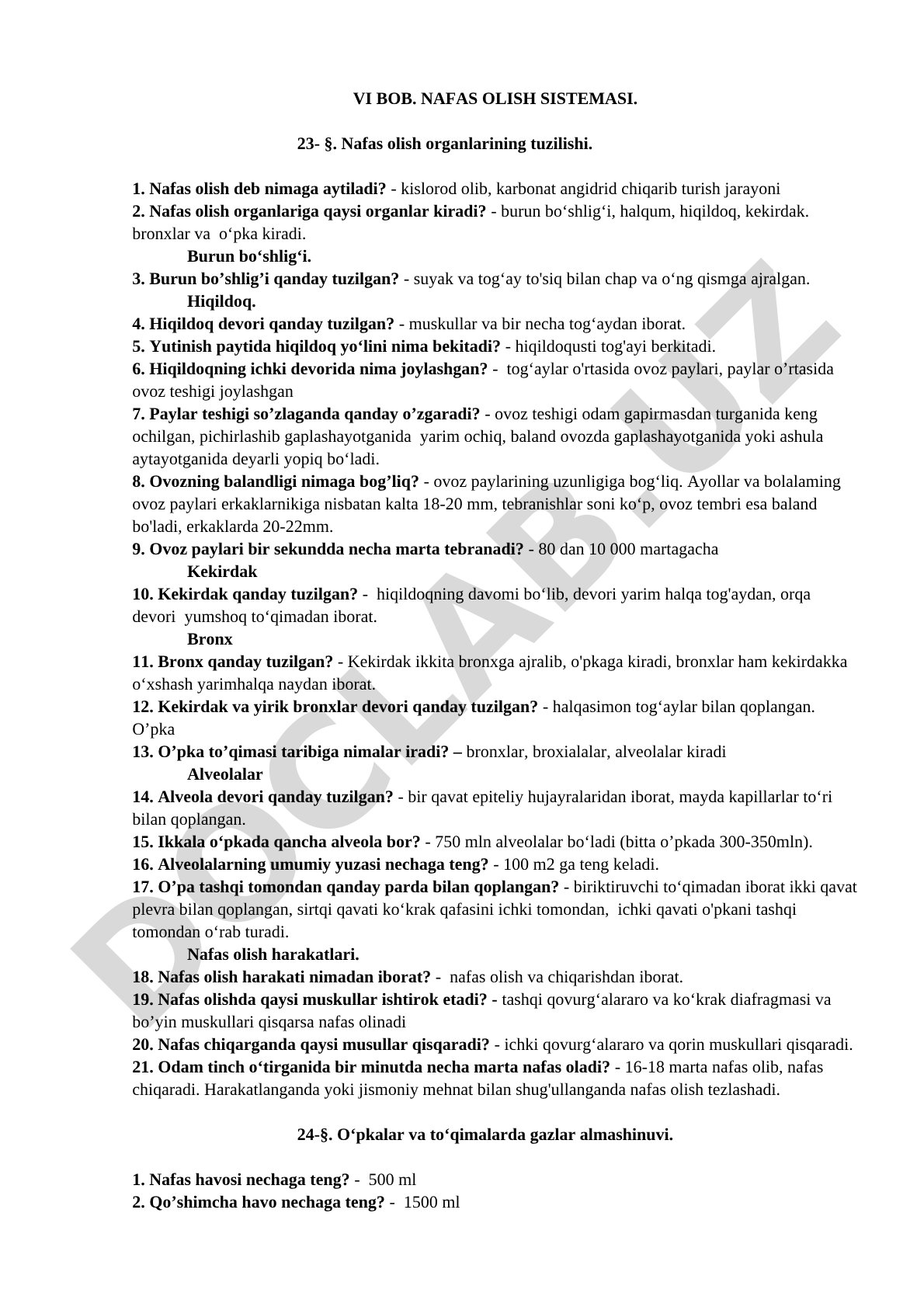 Nafas olish organlarining tuzilishi