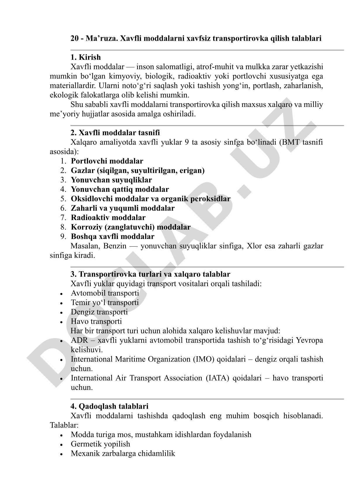 Xavfli moddalarni xavfsiz transportirovka qilish talablari