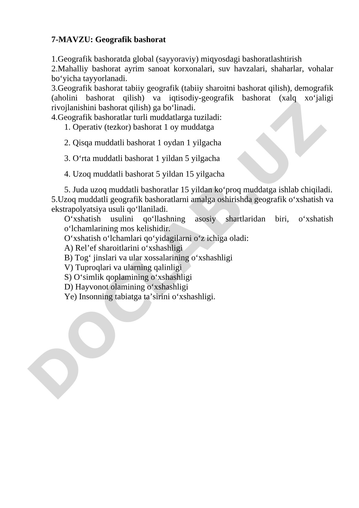 Geografik bashorat turlari, muddatlari va usullari haqida ma'lumot
