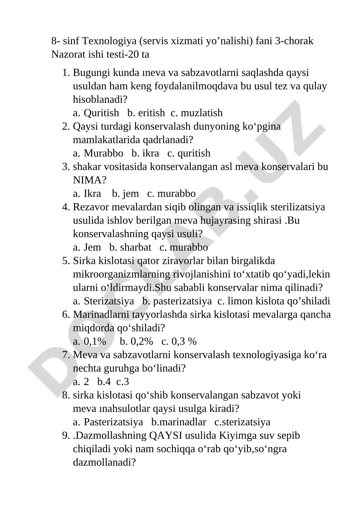 8-sinf Texnologiya 3-chorak nazorat testi