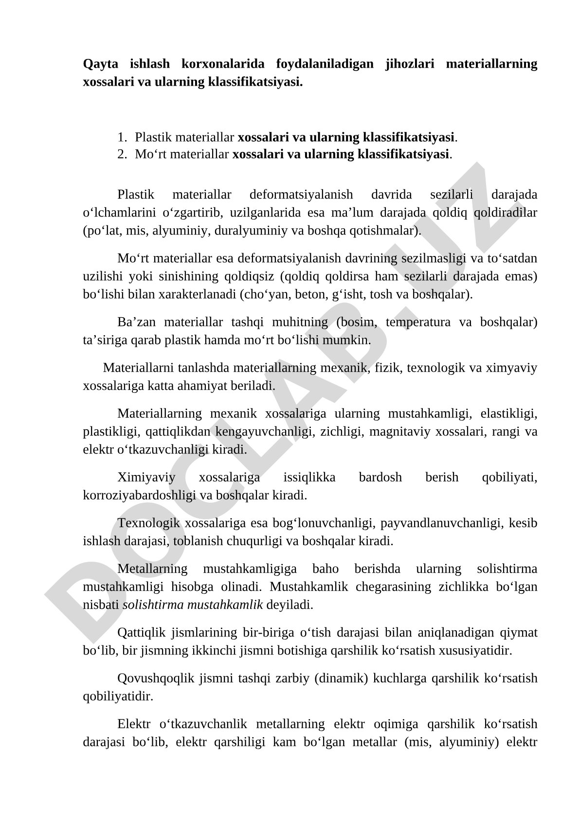 Qayta ishlash korxonalarida materiallar xossalari va klassifikatsiyasi