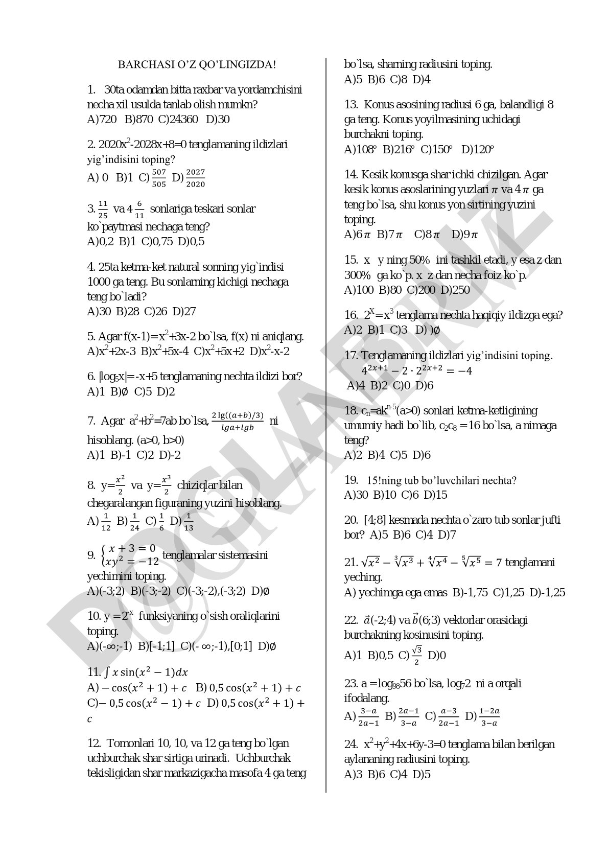 Matematika fanidan test savollari to'plami