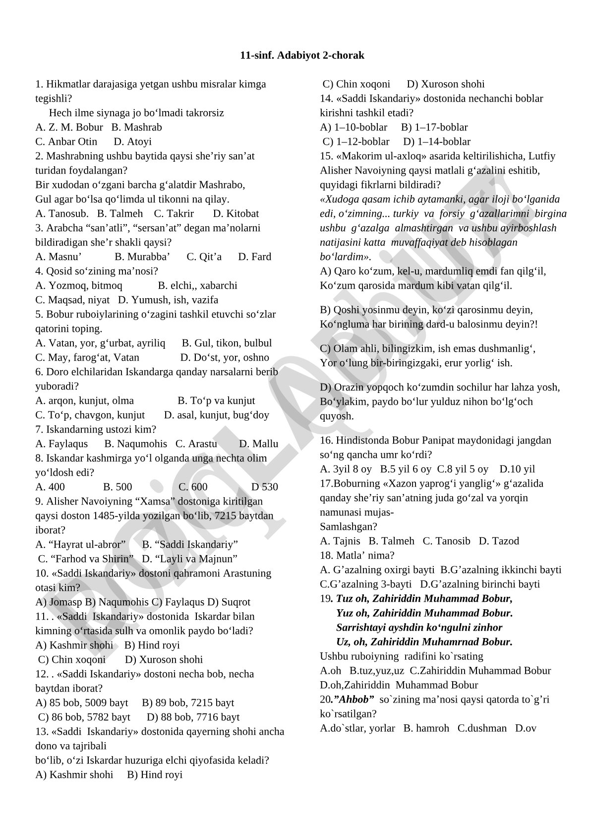 11-sinf adabiyot 2-chorak test savollari