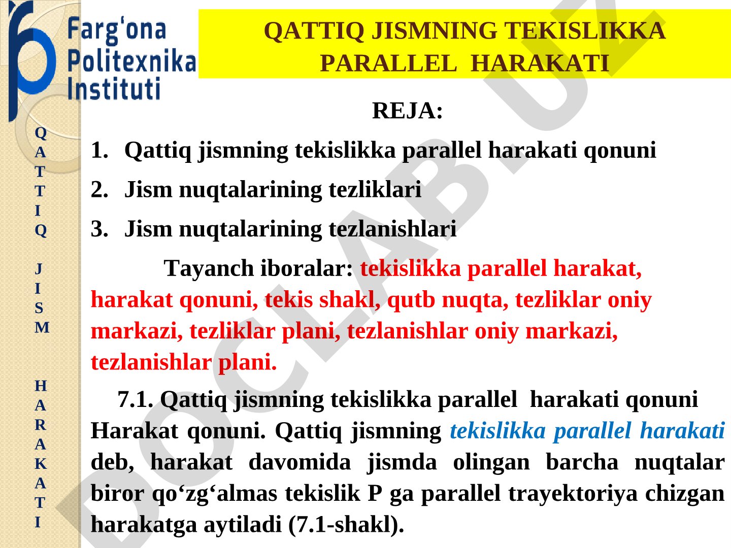 Qattiq jismning tekislikka parallel harakati
