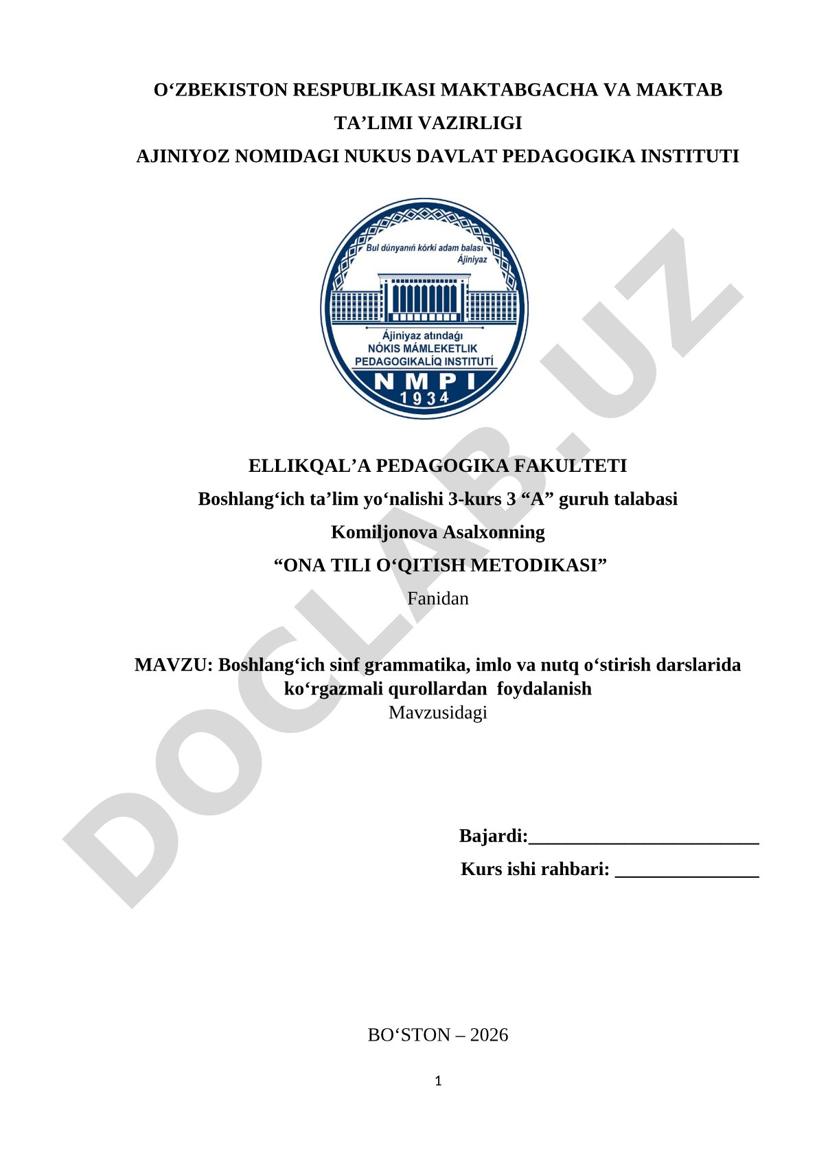 Boshlang'ich sinf grammatika, imlo va nutq o'stirish darslarida ko'rgazmali qurollardan foydalanish