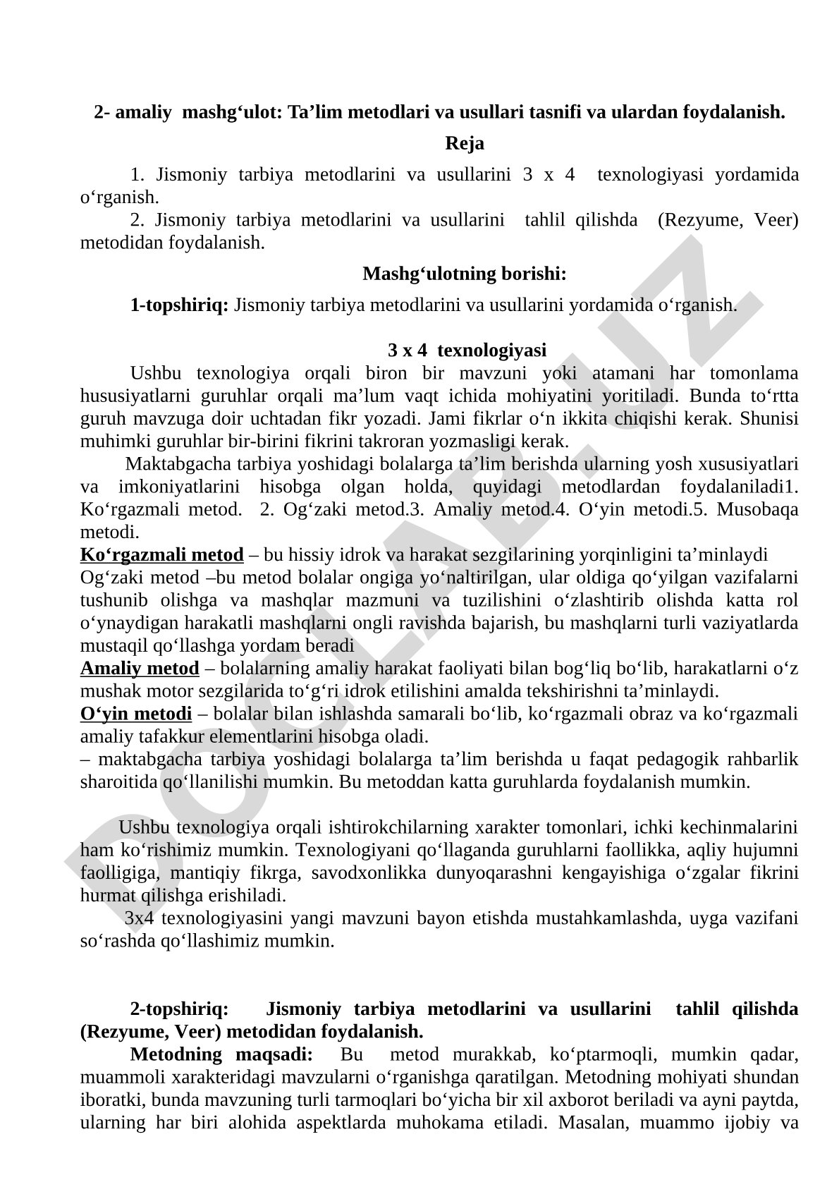 Ta'lim metodlari va usullari tasnifi va ulardan foydalanish