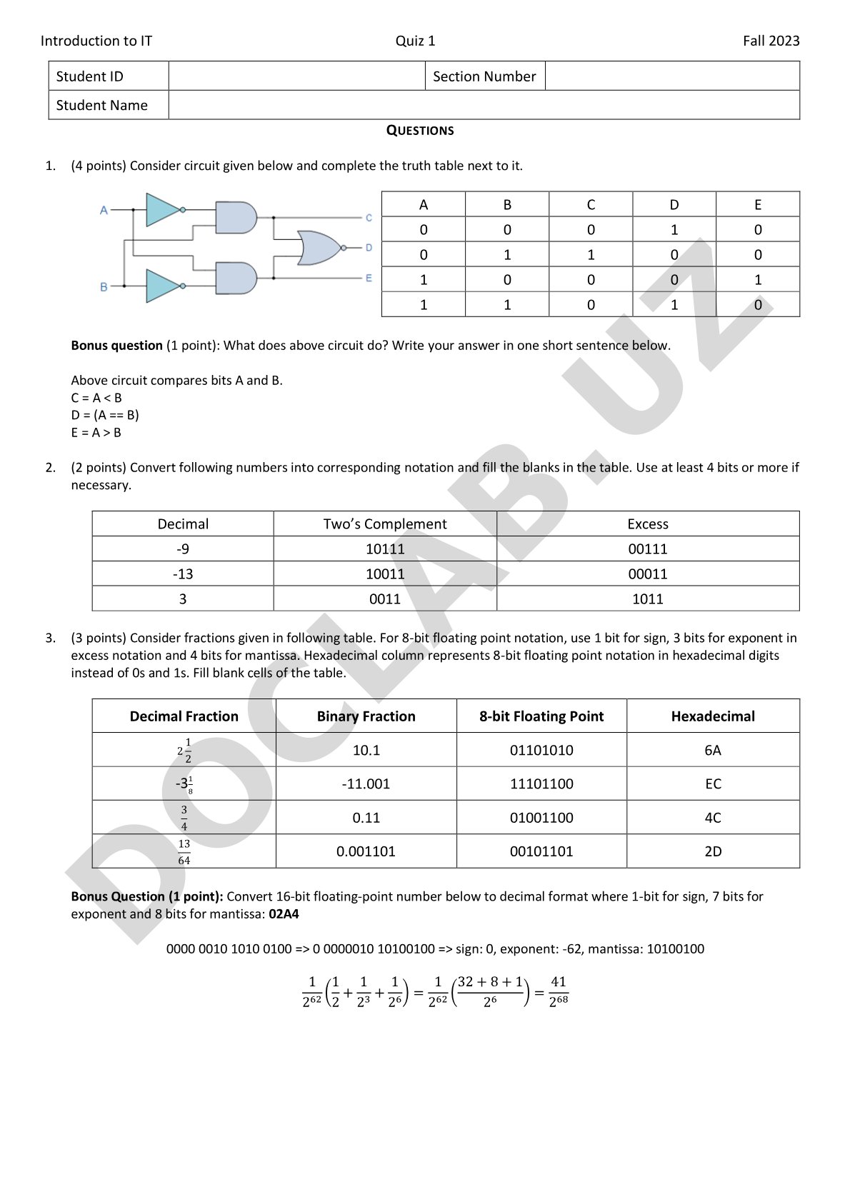Introduction to IT Quiz 1 Fall 2023