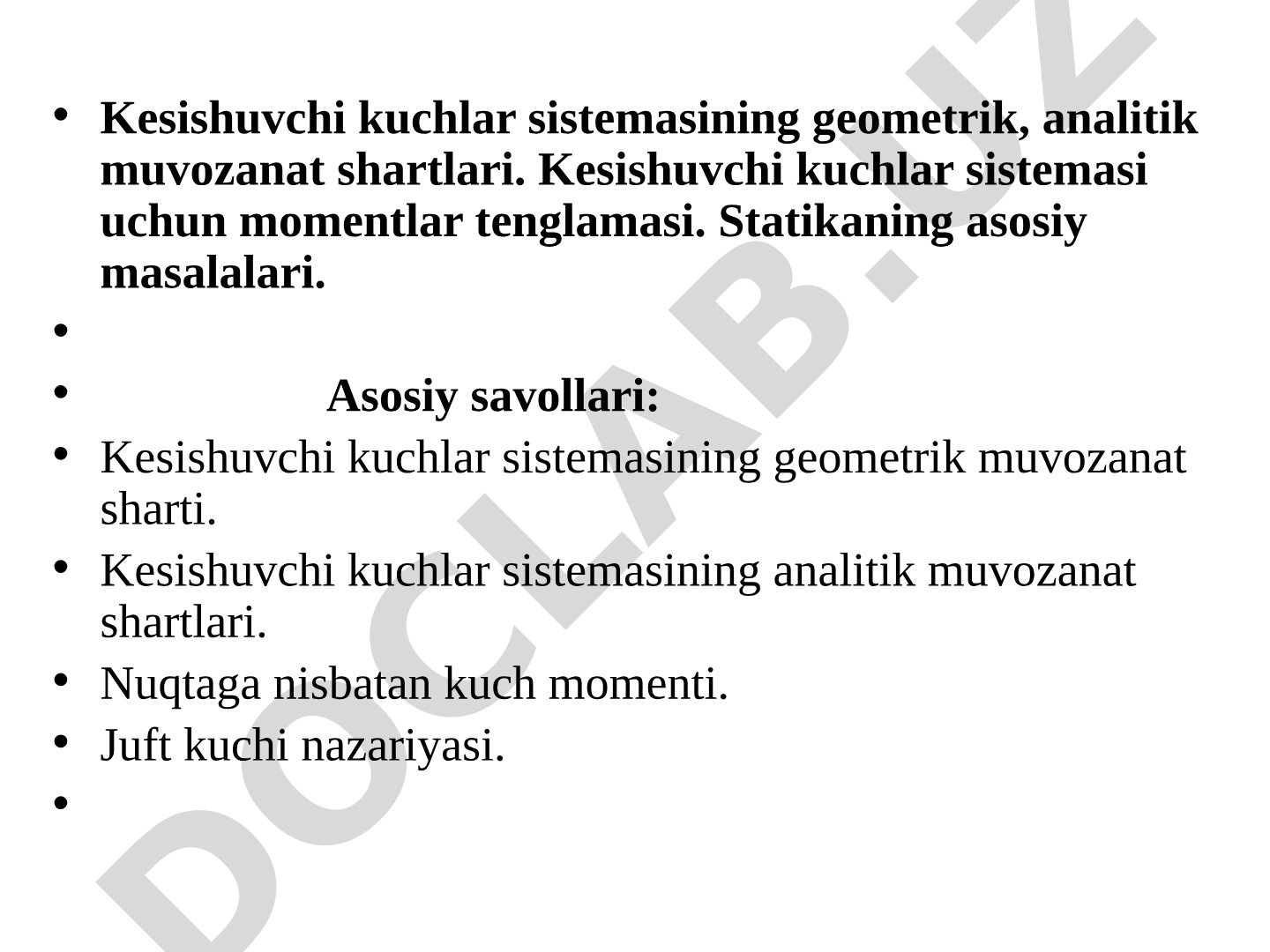 Kesishuvchi kuchlar sistemasining geometrik, analitik muvozanat shartlari