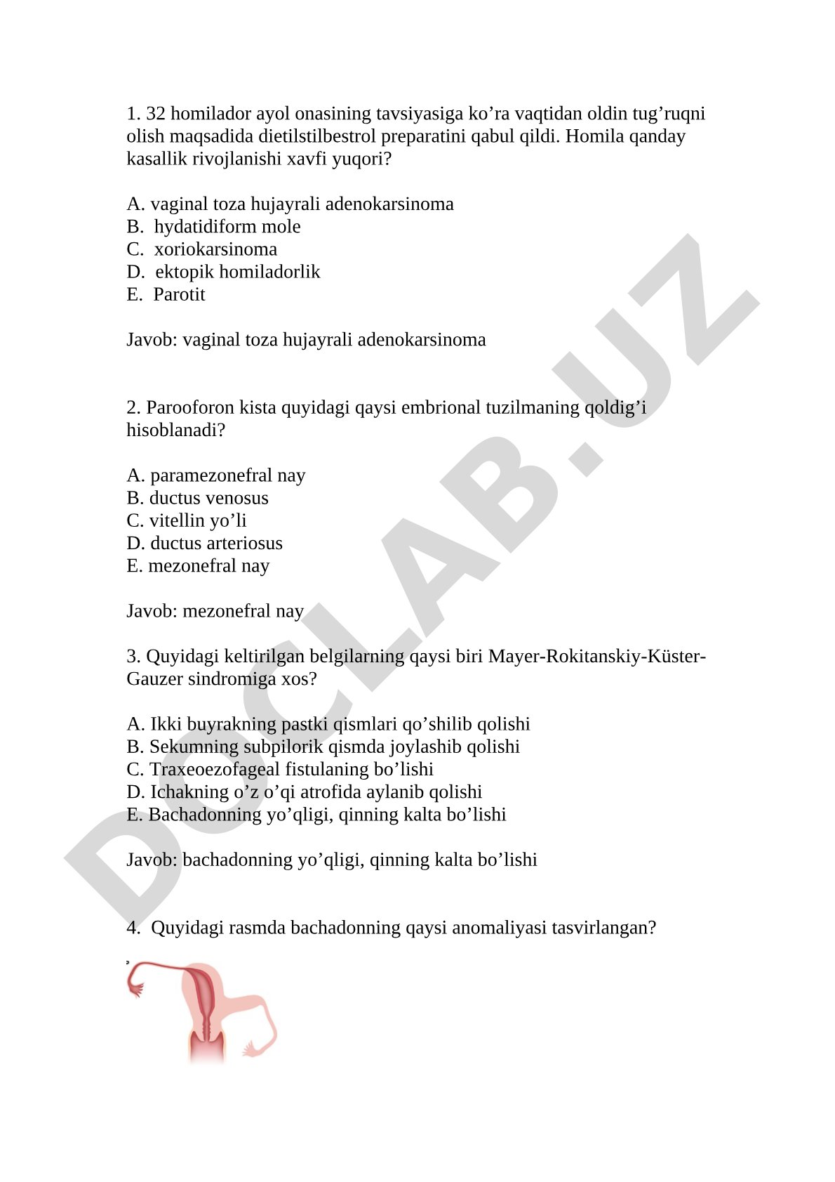 Ginekologik va akusherlik test savollari