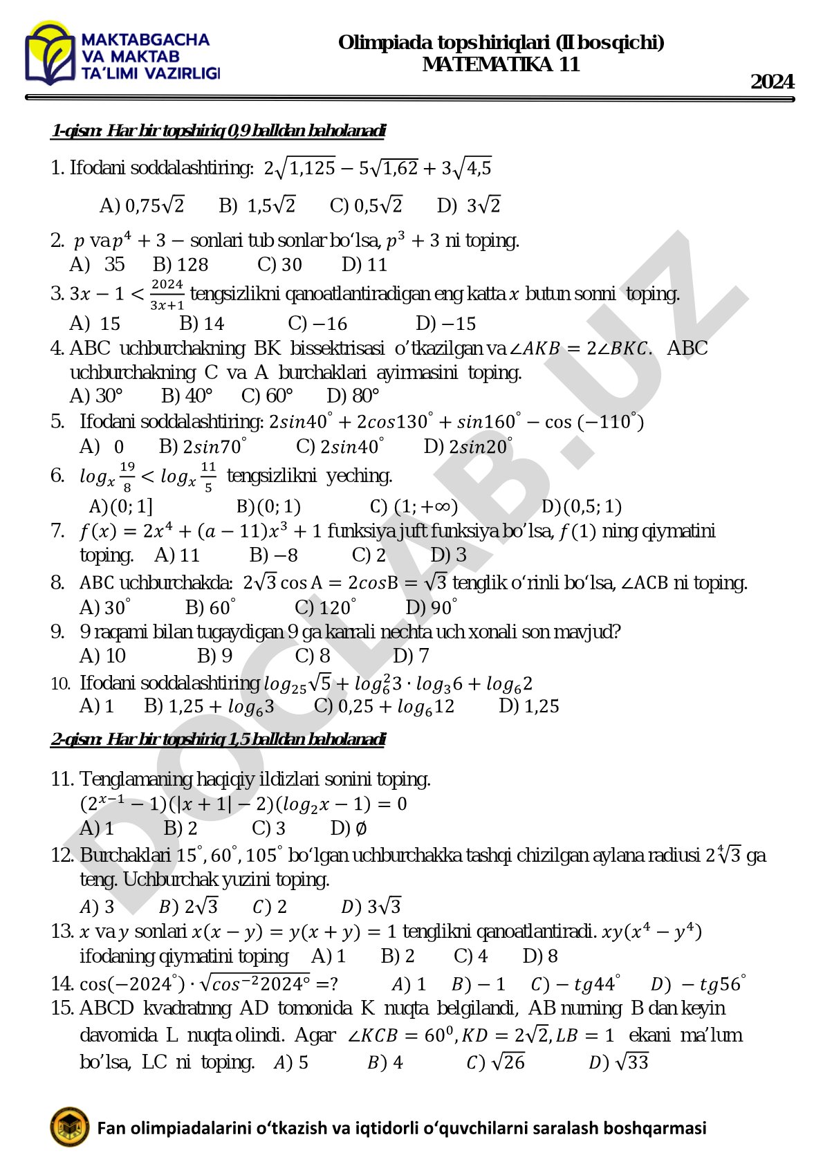 Matematika 11-sinf olimpiada topshiriqlari (II bosqich)