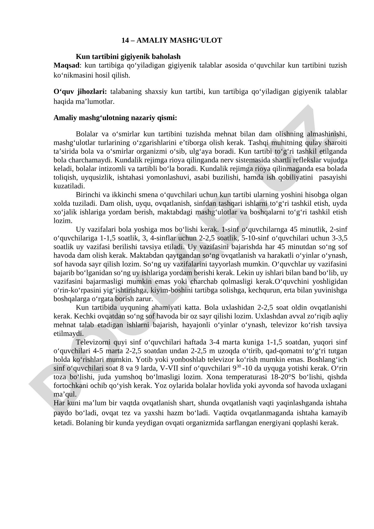 Kun tartibini gigiyenik baholash