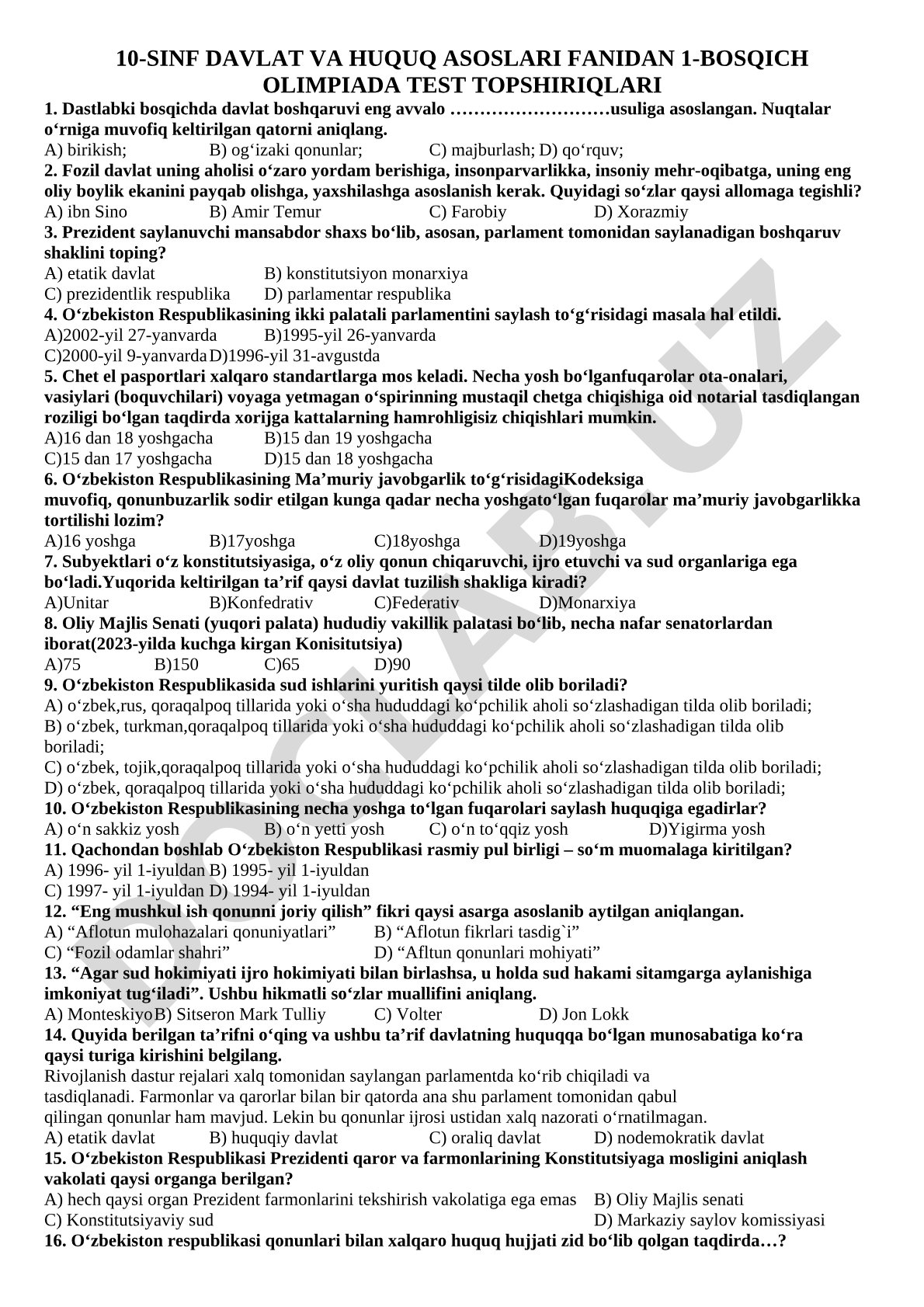 10-sinf Davlat va huquq asoslari fanidan 1-bosqich olimpiada test topshiriqlari