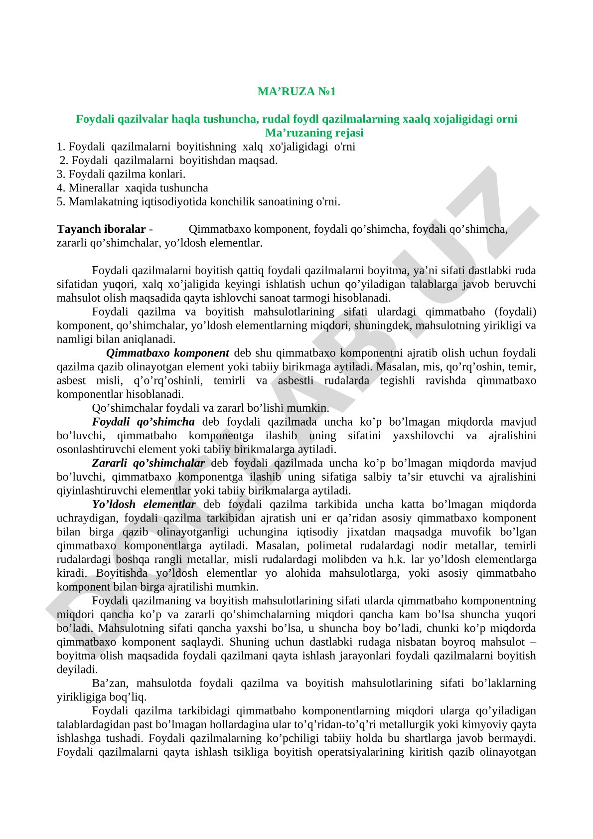 Foydali qazilmalar haqida tushuncha va ularning xalq xo'jaligidagi o'rni