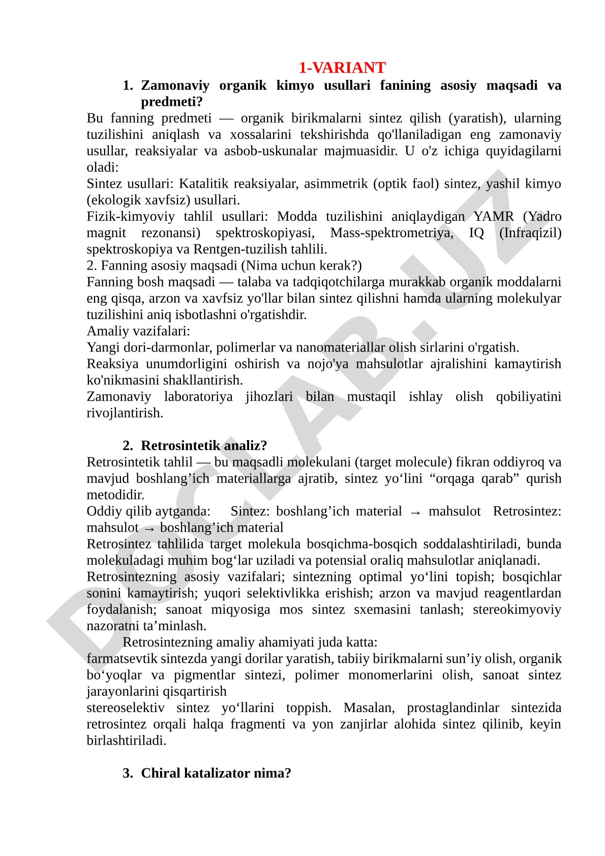 Zamonaviy organik kimyo usullari fanining asosiy maqsadi va predmeti