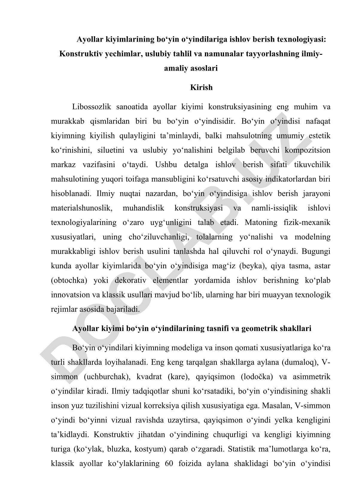 Ayollar kiyimlarining bo‘yin o‘yindilariga ishlov berish texnologiyasi