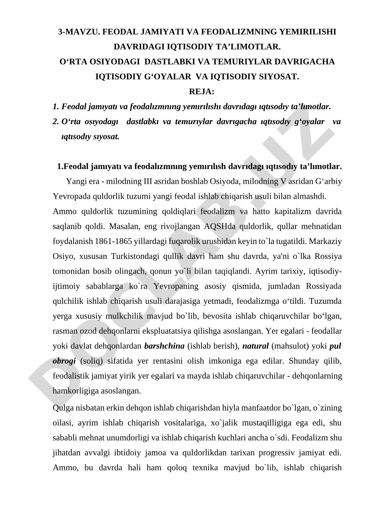 Feodal jamiyati va feodalizmning yemirilishi davridagi iqtisodiy ta’limotlar va O‘rta Osiyo iqtisodiy g‘oyalari