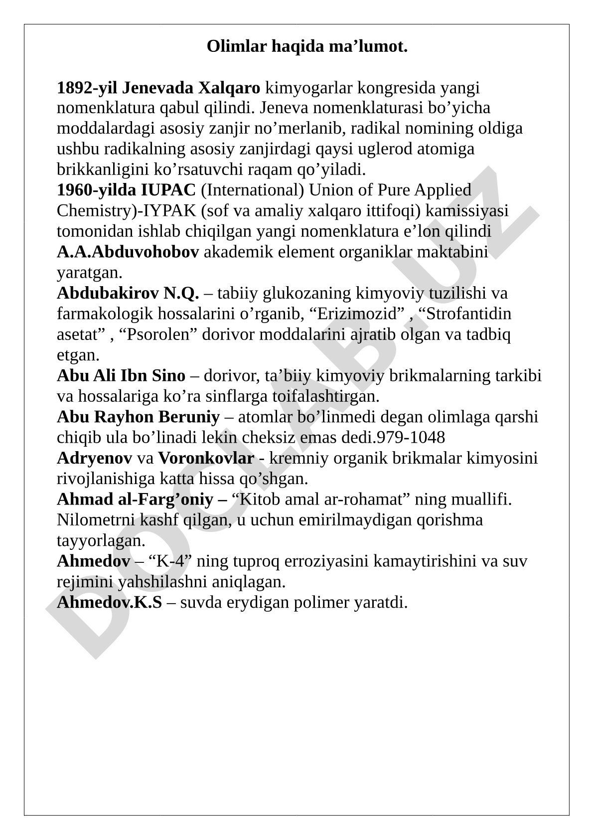 Kimyogar olimlar va kimyoviy nomenklatura tarixi