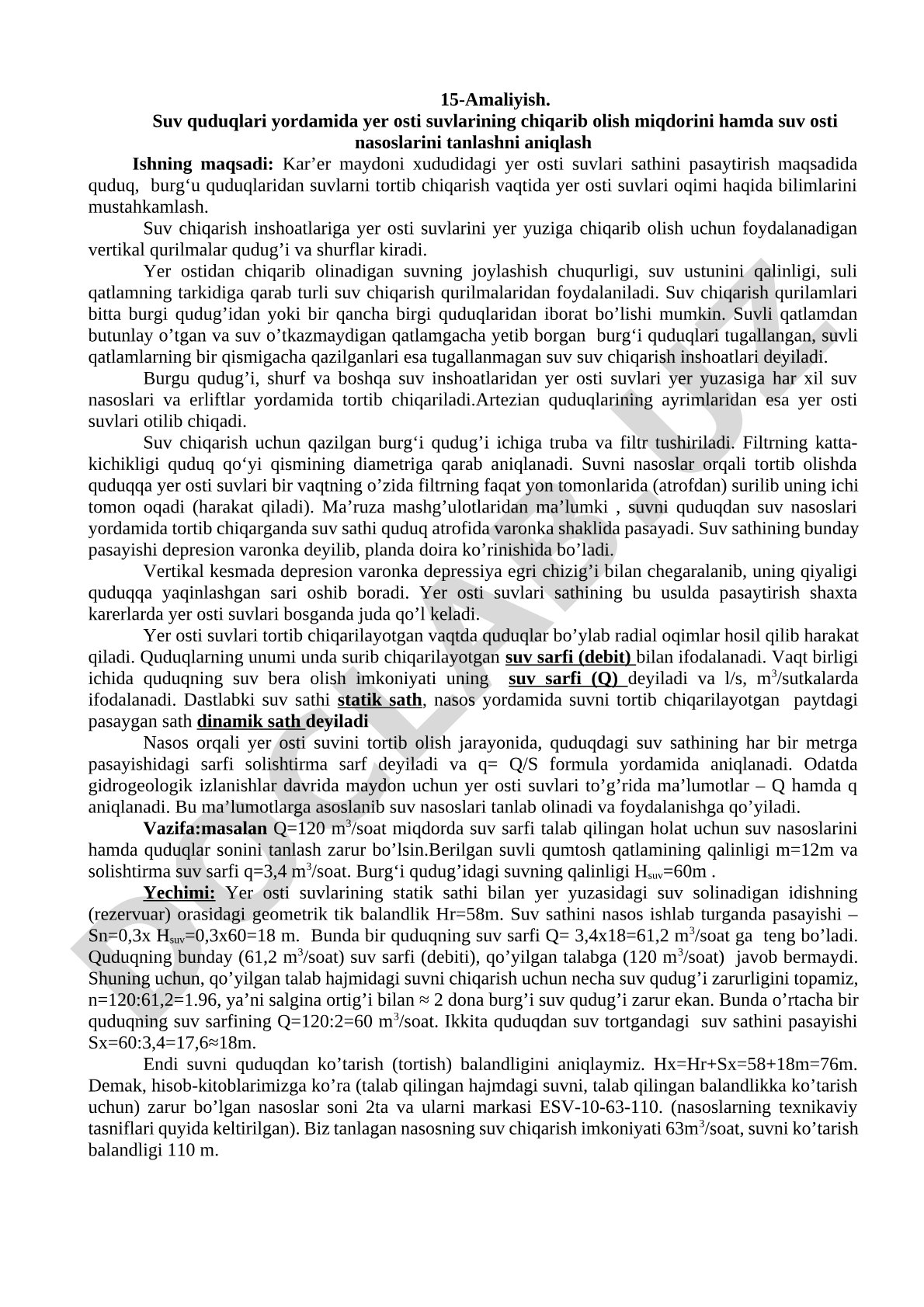 Suv quduqlari yordamida yer osti suvlarining chiqarib olish miqdorini hamda suv osti nasoslarini tanlashni aniqlash