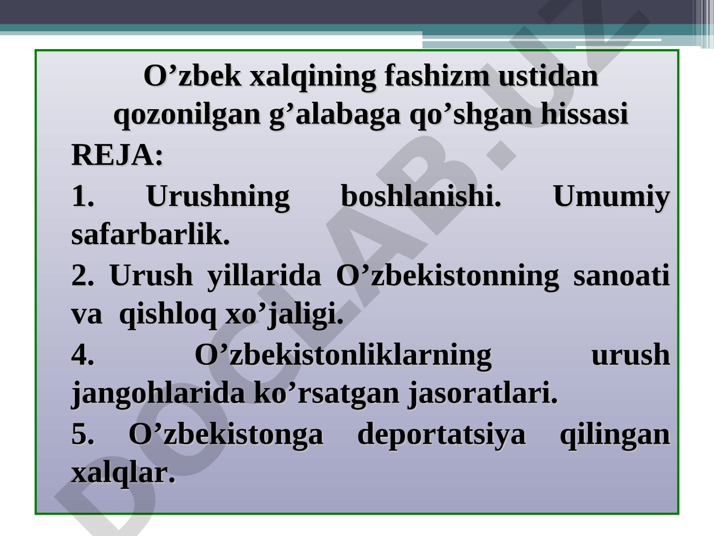 O’zbek xalqining fashizm ustidan qozonilgan g’alabaga qo’shgan hissasi