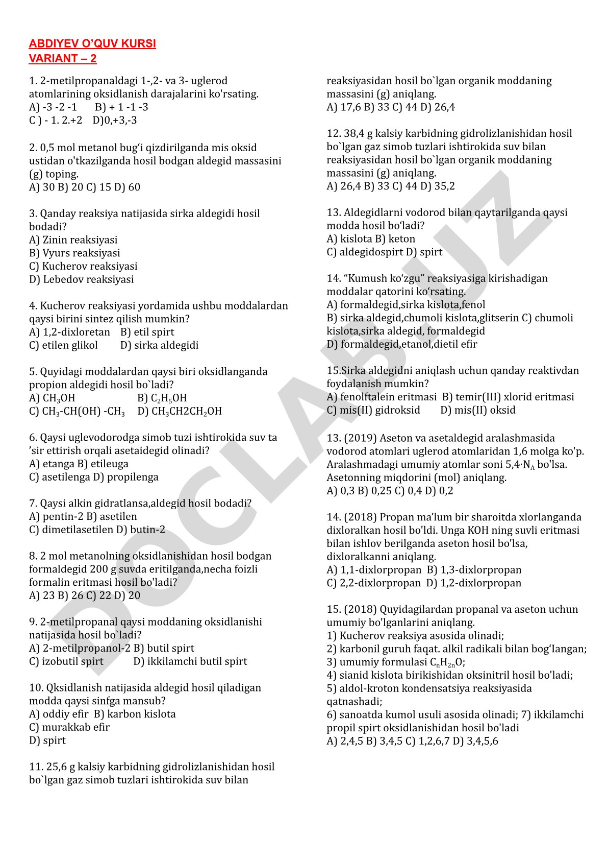 Aldegidlar bo'yicha test savollari