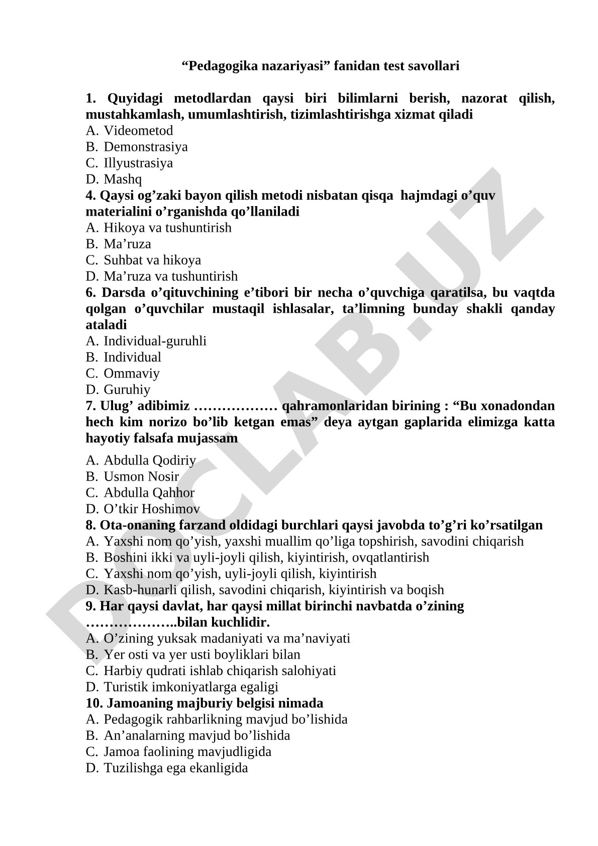 Pedagogika nazariyasi fanidan test savollari