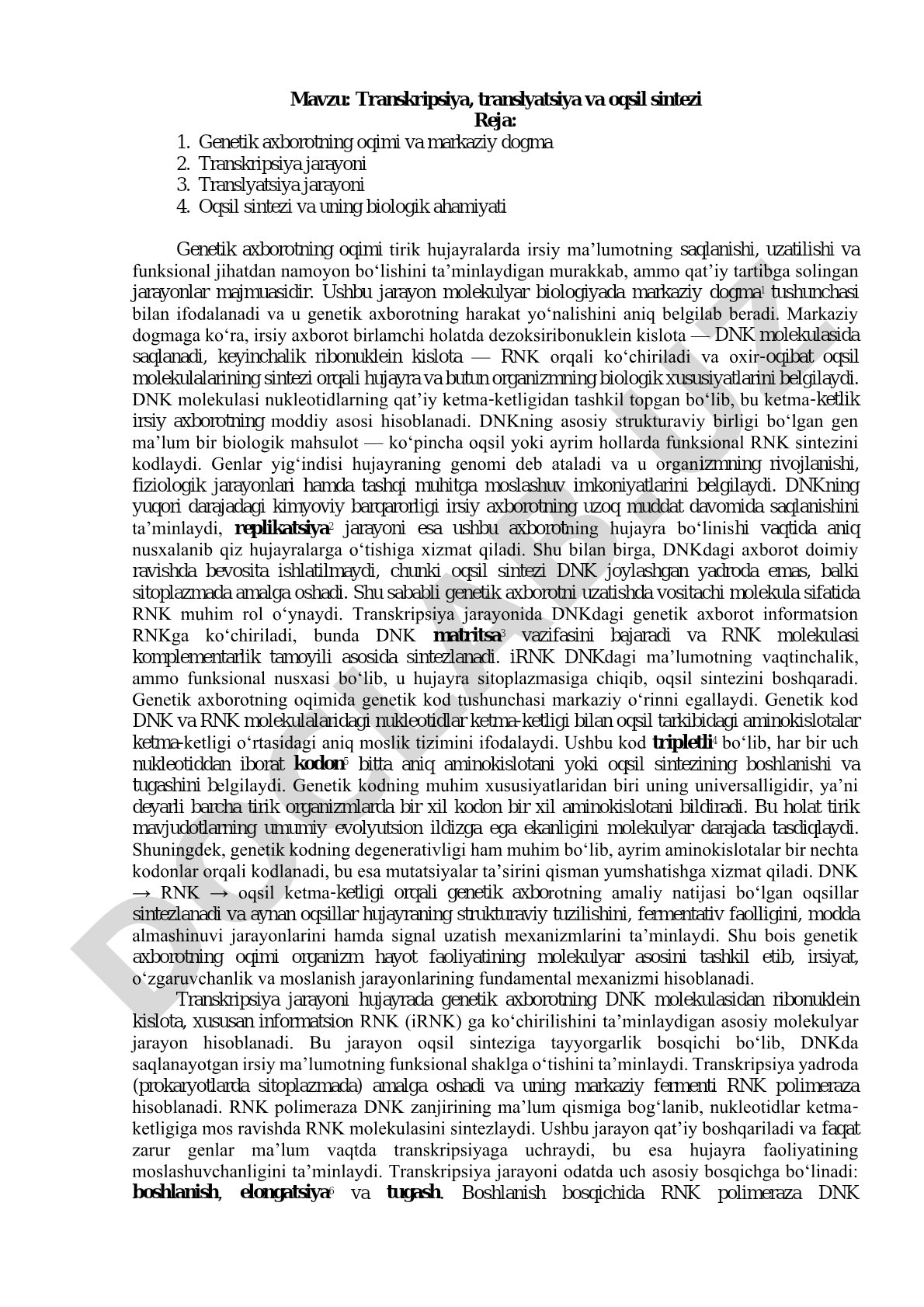 Transkripsiya, translyatsiya va oqsil sintezi