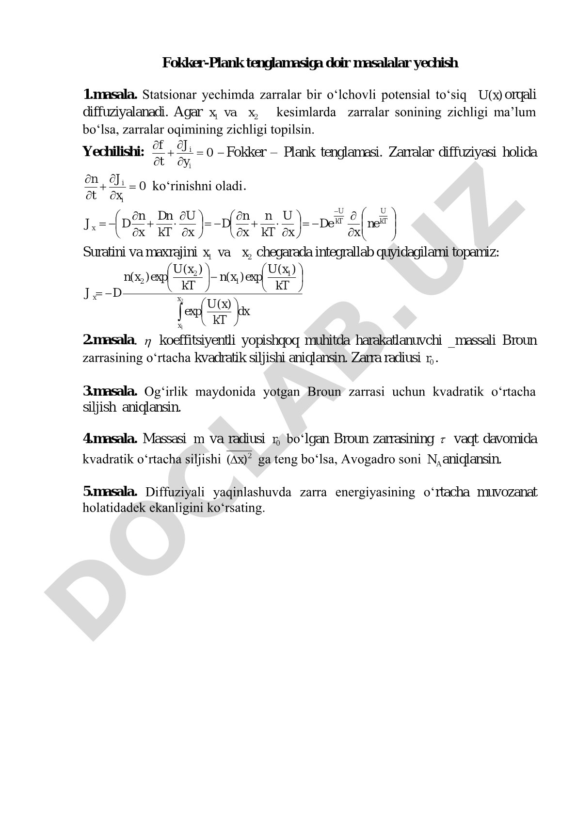 Fokker-Plank tenglamasiga doir masalalar yechish