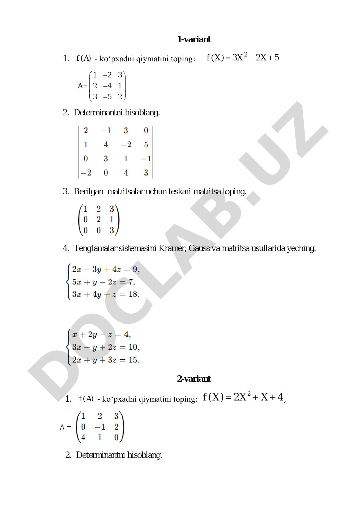 Chiziqli algebra masalalari variantlari