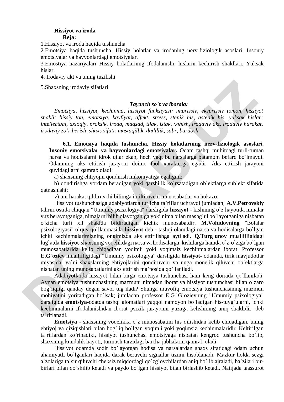 Hissiyot va iroda tushunchasi, emotsiya nazariyalari, irodaviy akt va shaxs irodaviy