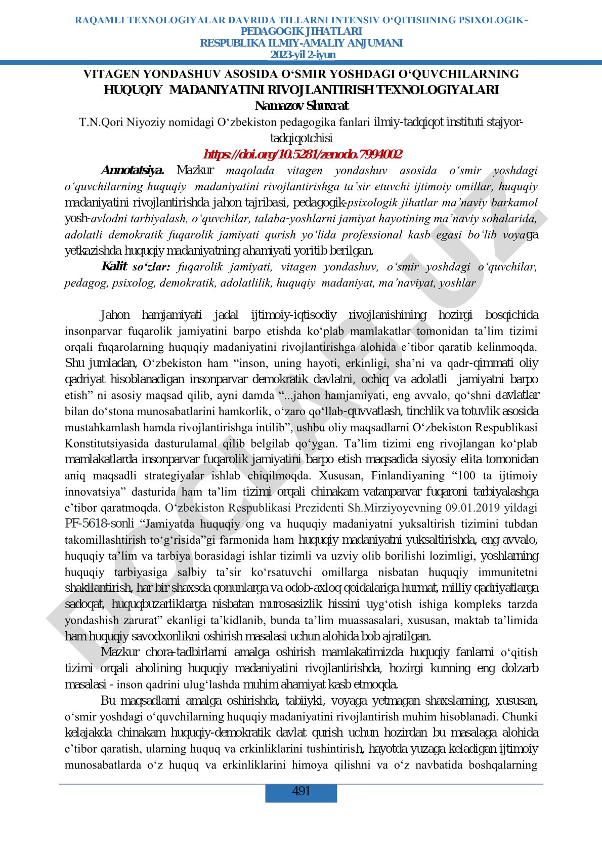 VITAGEN YONDASHUV ASOSIDA O‘SMIR YOSHDAGI O‘QUVCHILARNING HUQUQIY MADANIYATINI RIVOJLANTIRISH TEXNOLOGIYALARI