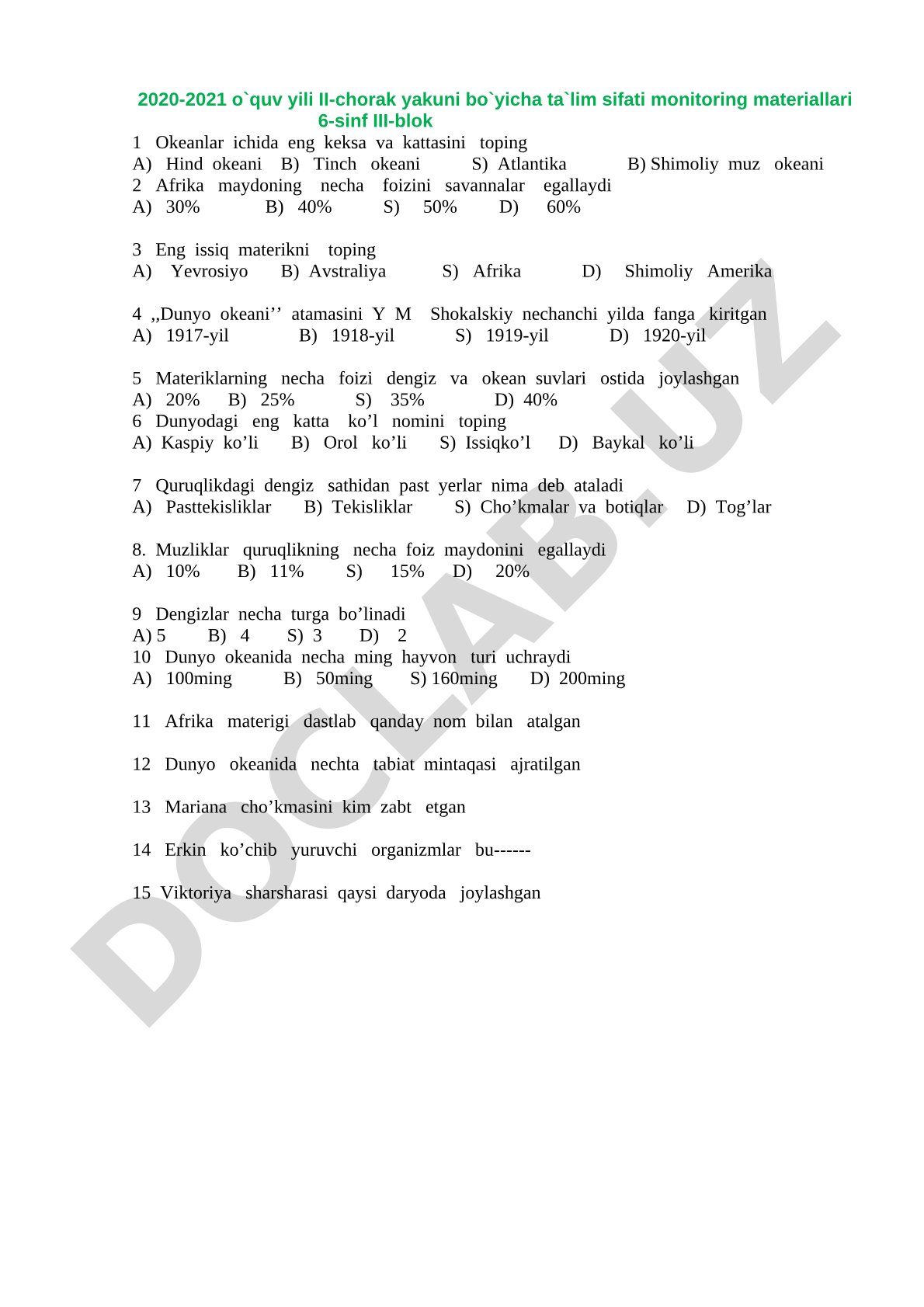 6-sinf geografiya ta'lim sifati monitoringi
