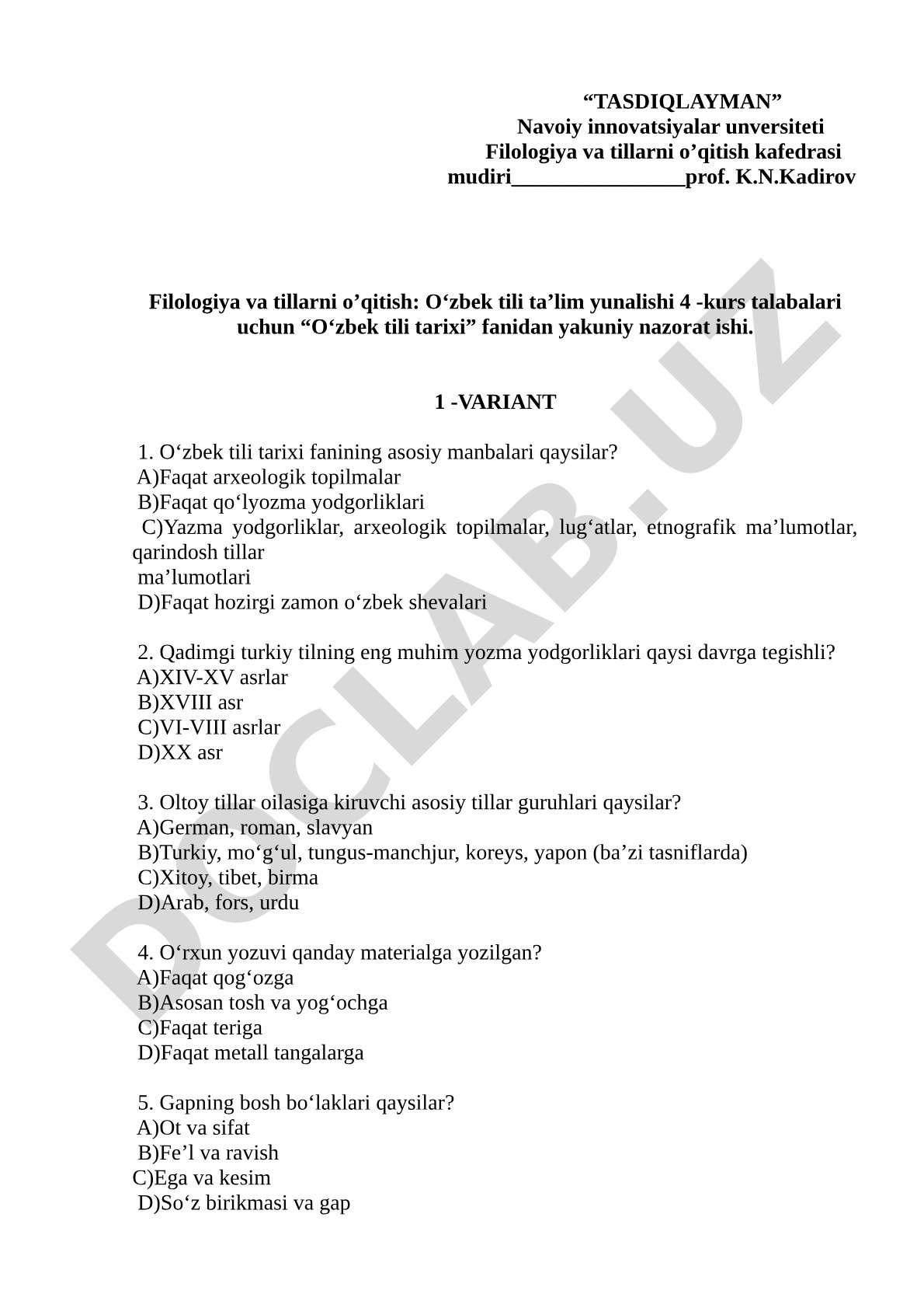 O‘zbek tili tarixi fanidan yakuniy nazorat ishi
