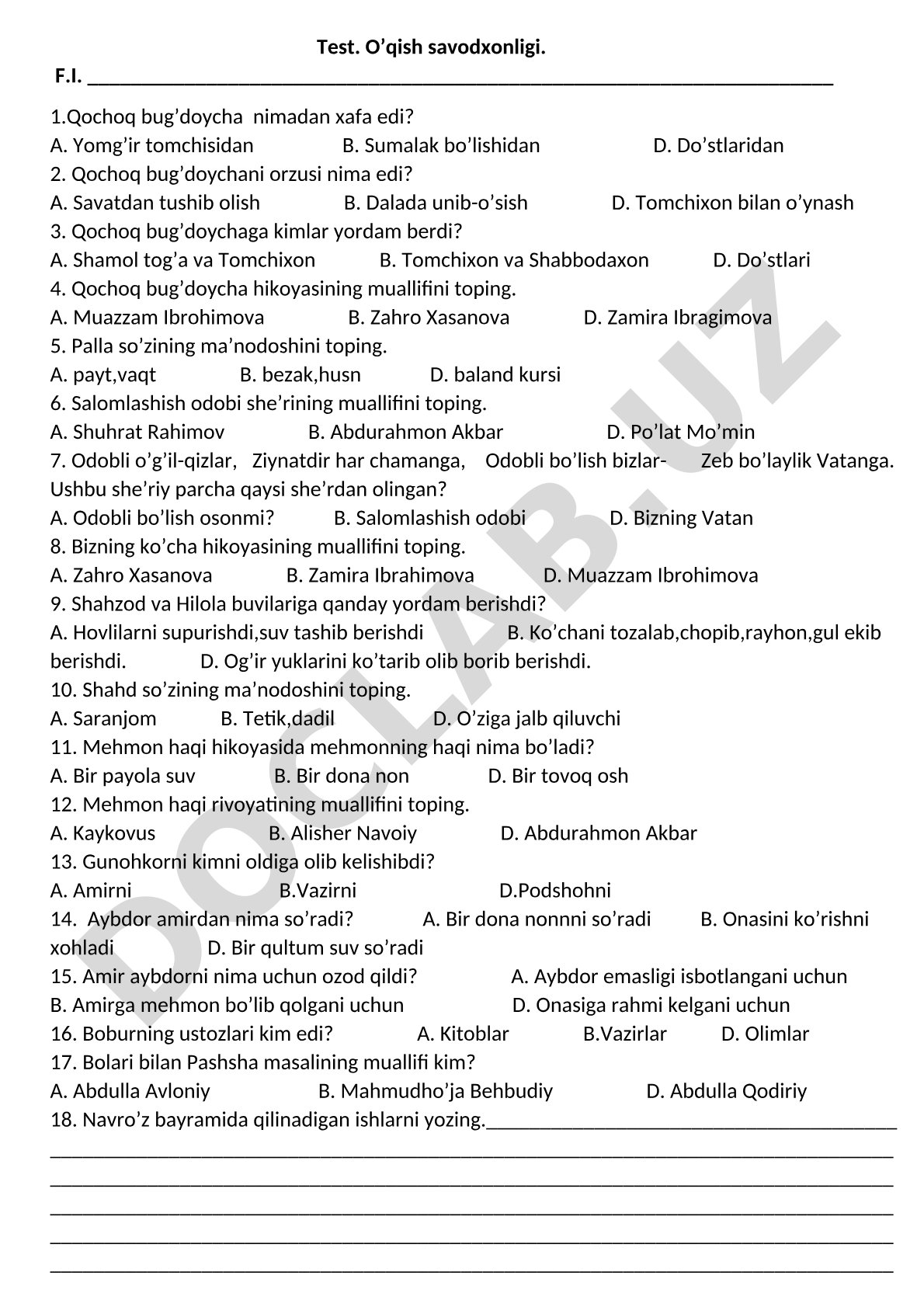 O'qish savodxonligi bo'yicha test savollari