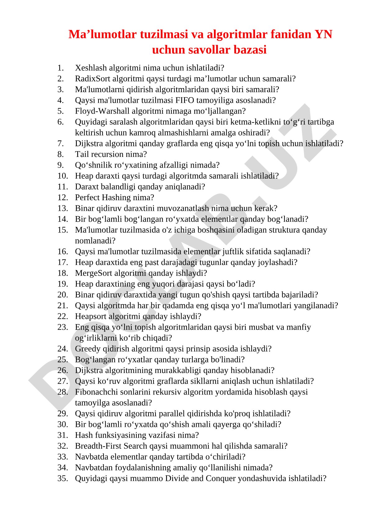 Ma'lumotlar tuzilmasi va algoritmlar fanidan savollar