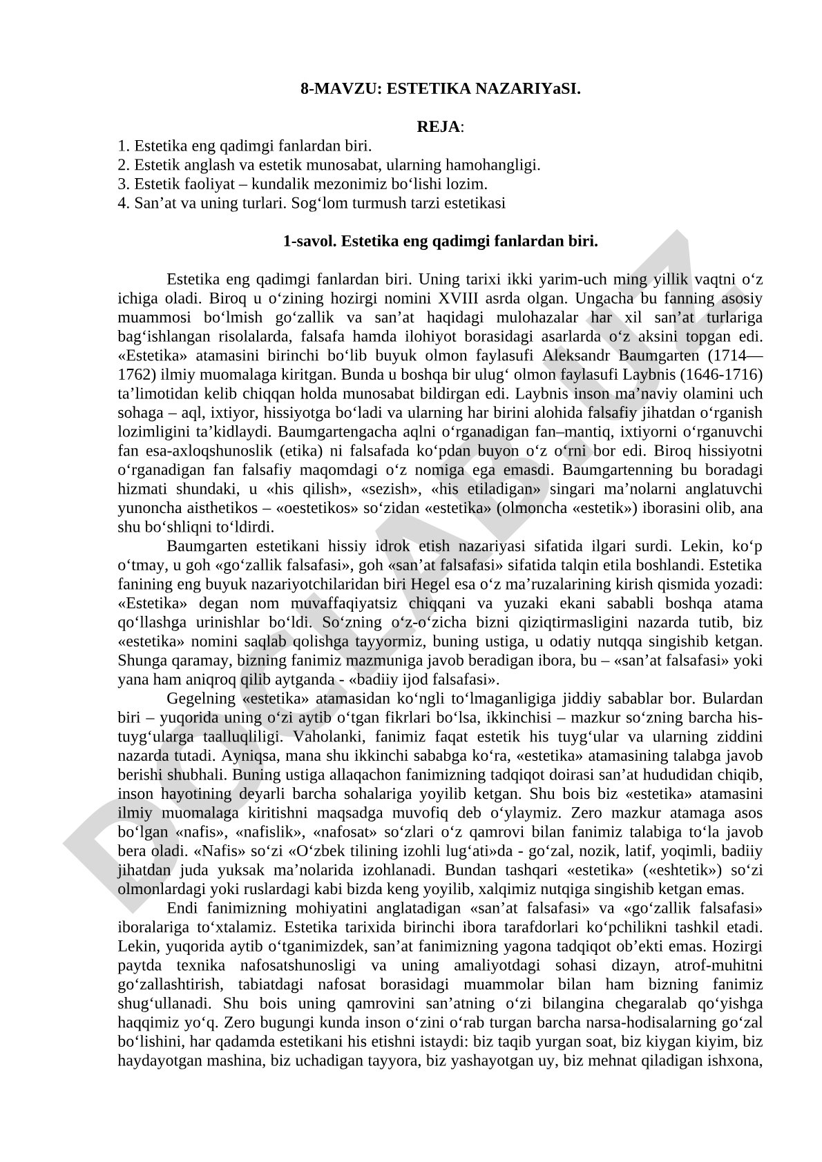 Estetika fanining tarixi, estetik anglash, faoliyat va san'at turlari haqida ma'ruza