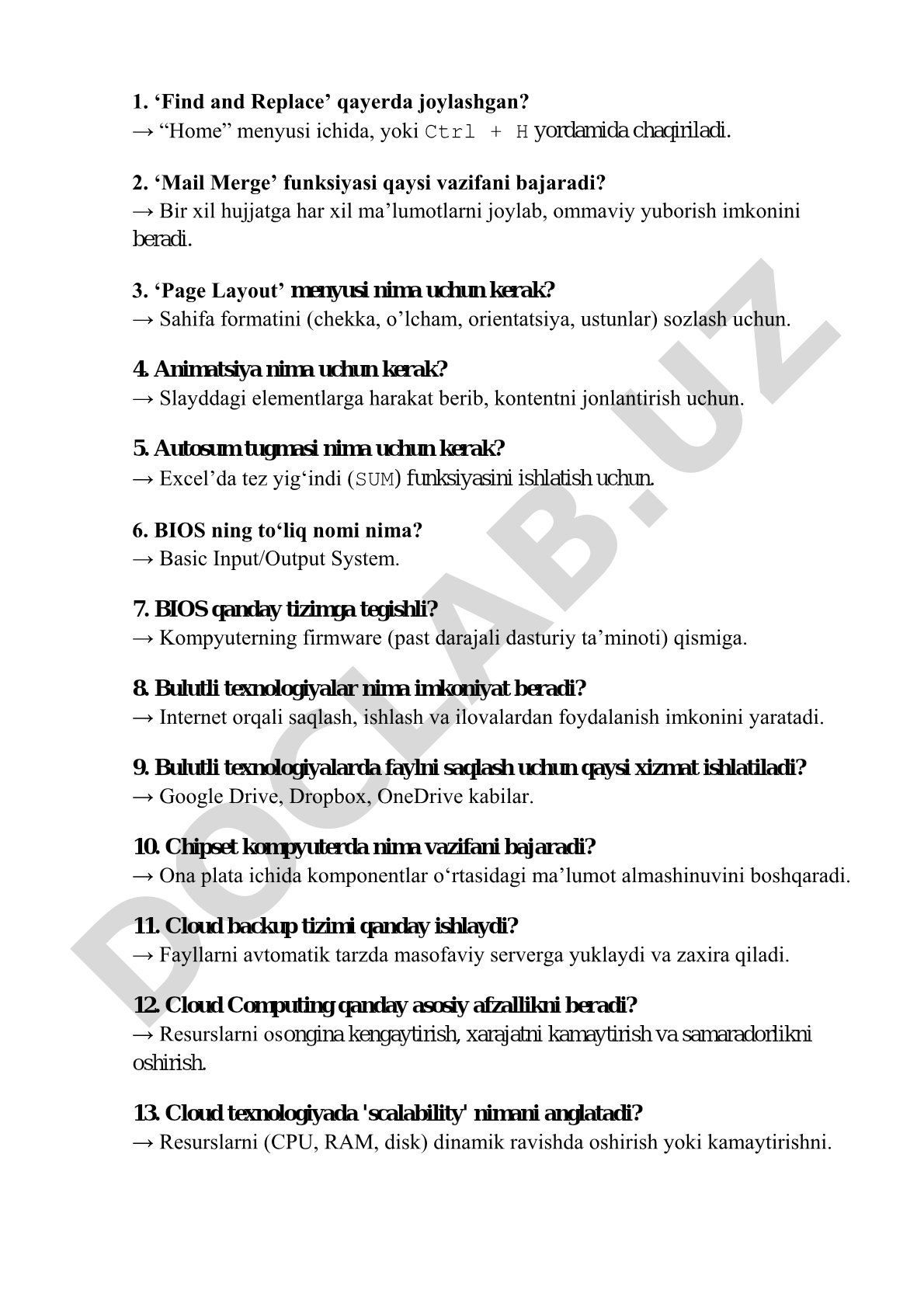 Informatika va kompyuter texnologiyalari bo'yicha test savollari
