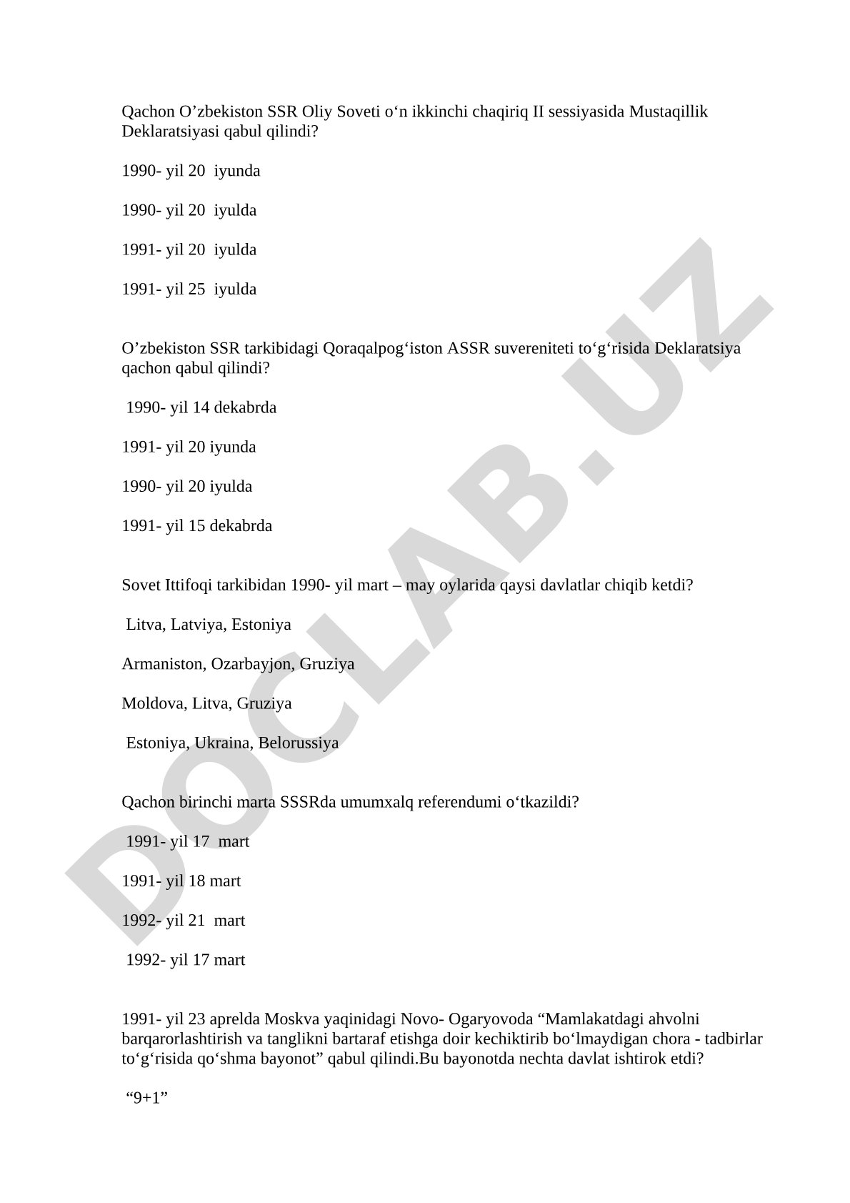 O'zbekiston mustaqilligi va SSSR parchalanishi tarixi bo'yicha test savollari