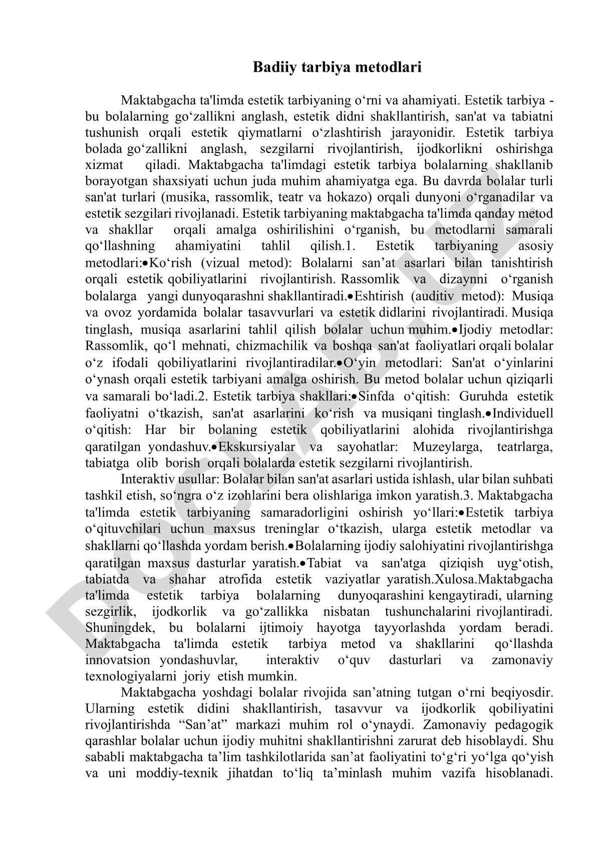 Badiiy tarbiya metodlari Maktabgacha ta'limda estetik tarbiyaning o‘rni va ahamiyati