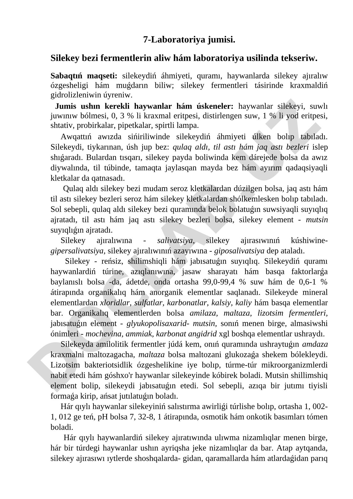 Silekey bezi fermentlerin aliw hám laboratoriya tekseriw