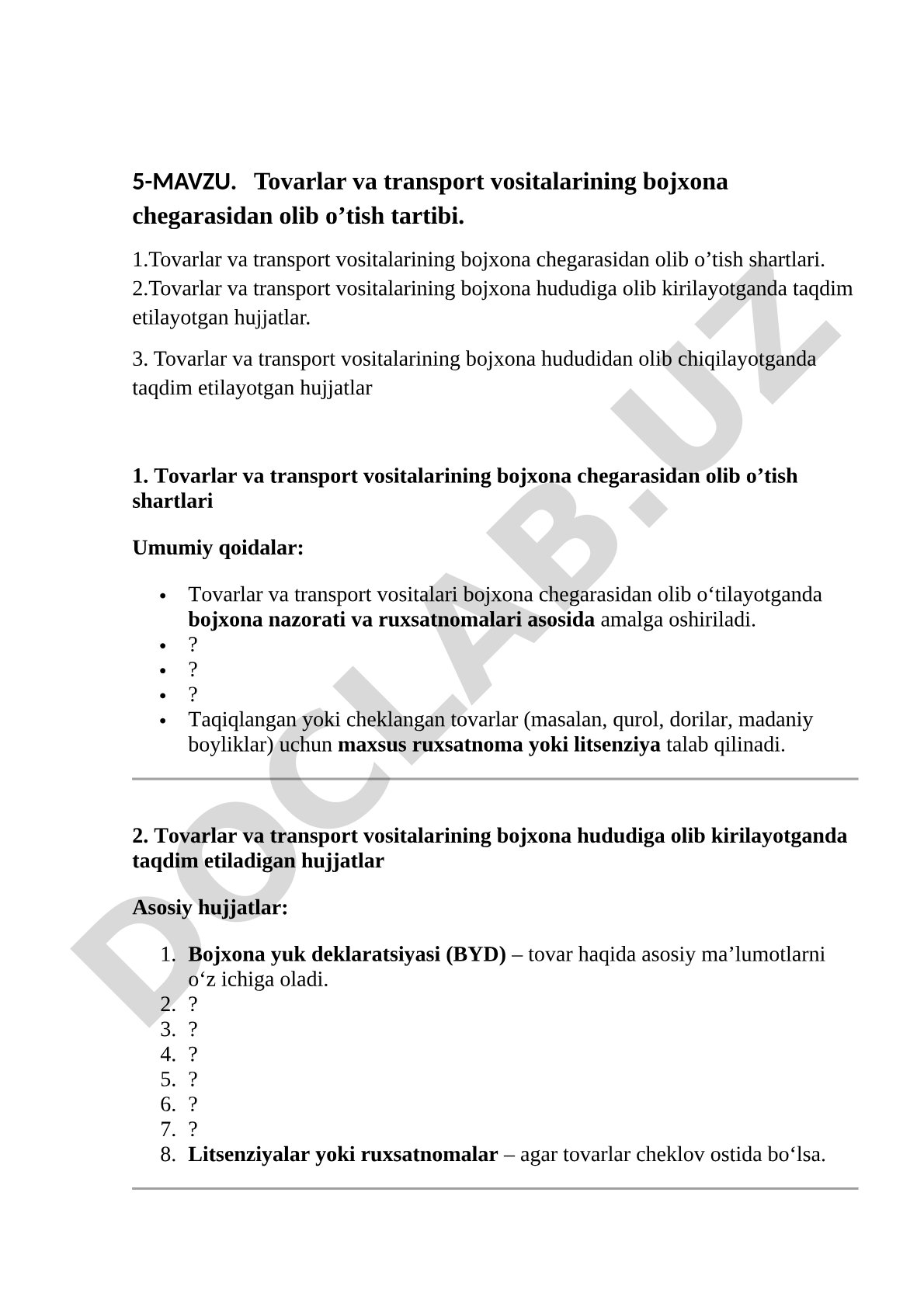 Tovarlar va transport vositalarining bojxona chegarasidan olib o’tish tartibi