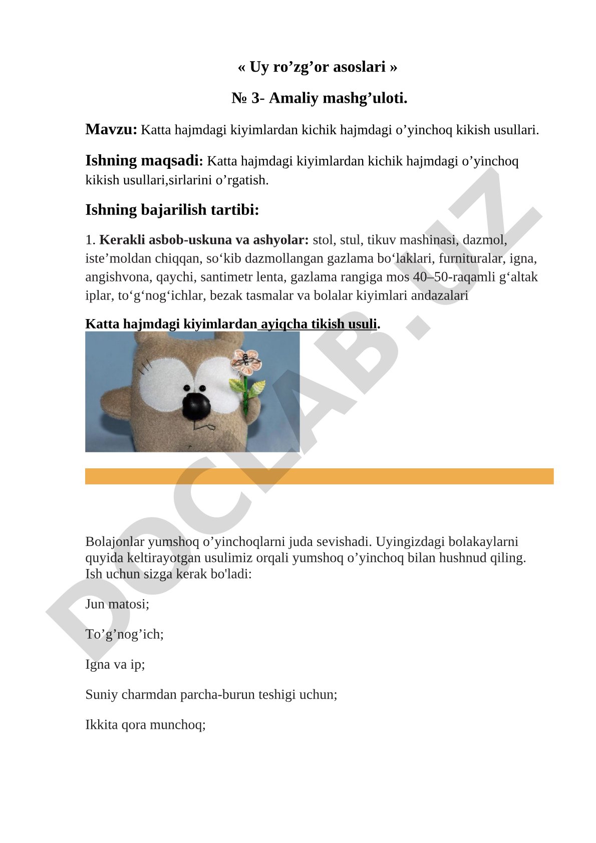 Katta hajmdagi kiyimlardan kichik hajmdagi o'yinchoq tikish usullari