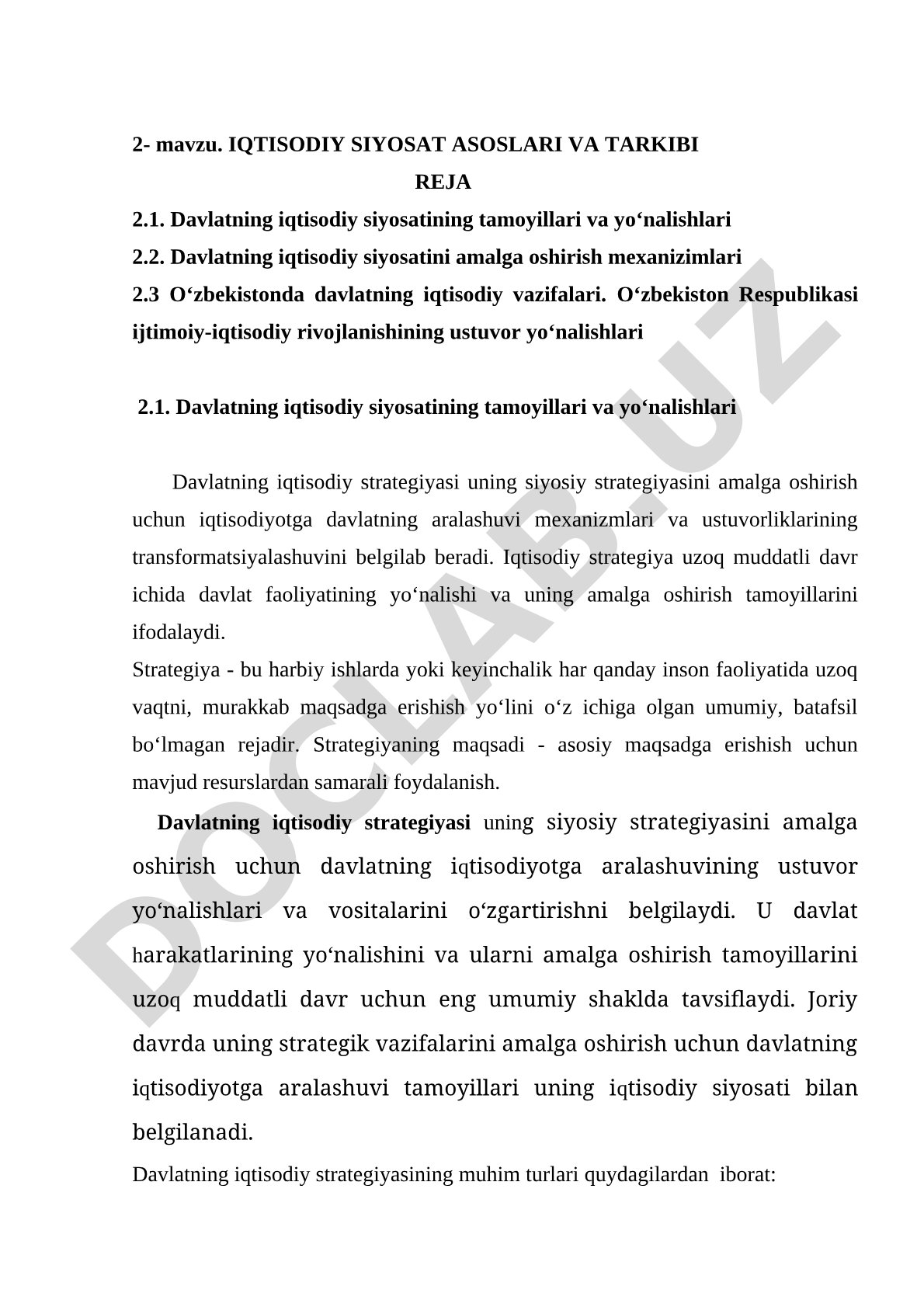 IQTISODIY SIYOSAT ASOSLARI VA TARKIBI REJA 2.1