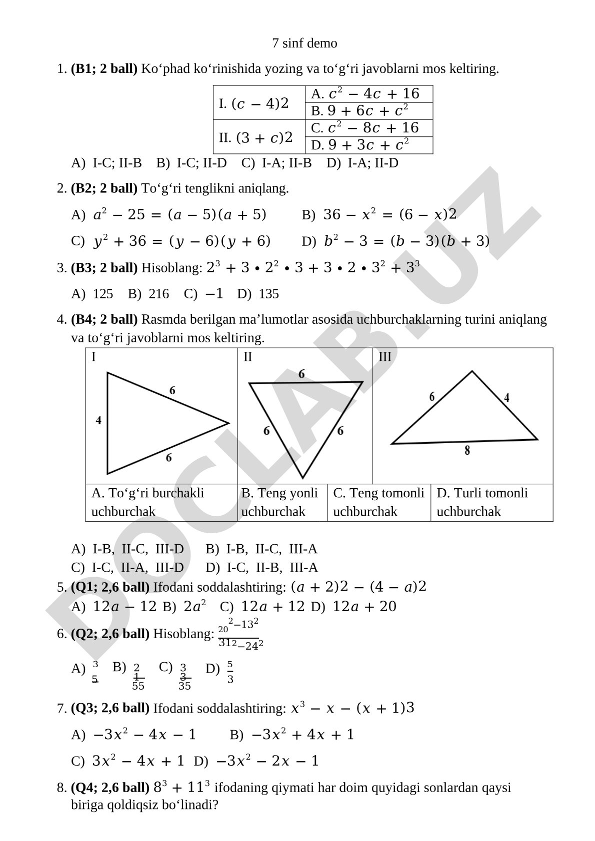 7-sinf algebra ko'phadlar testi