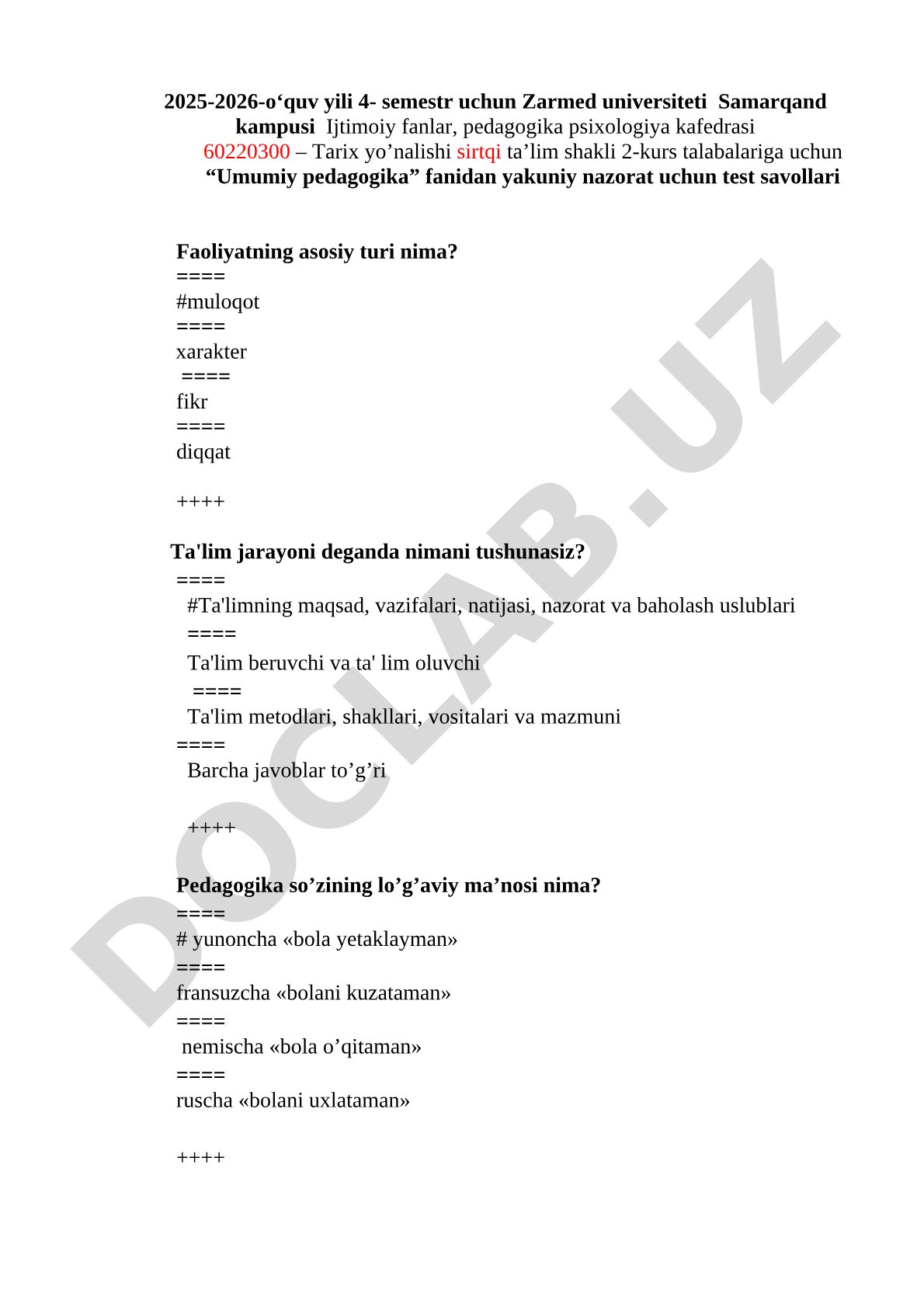 Umumiy pedagogika fanidan yakuniy nazorat uchun test savollari