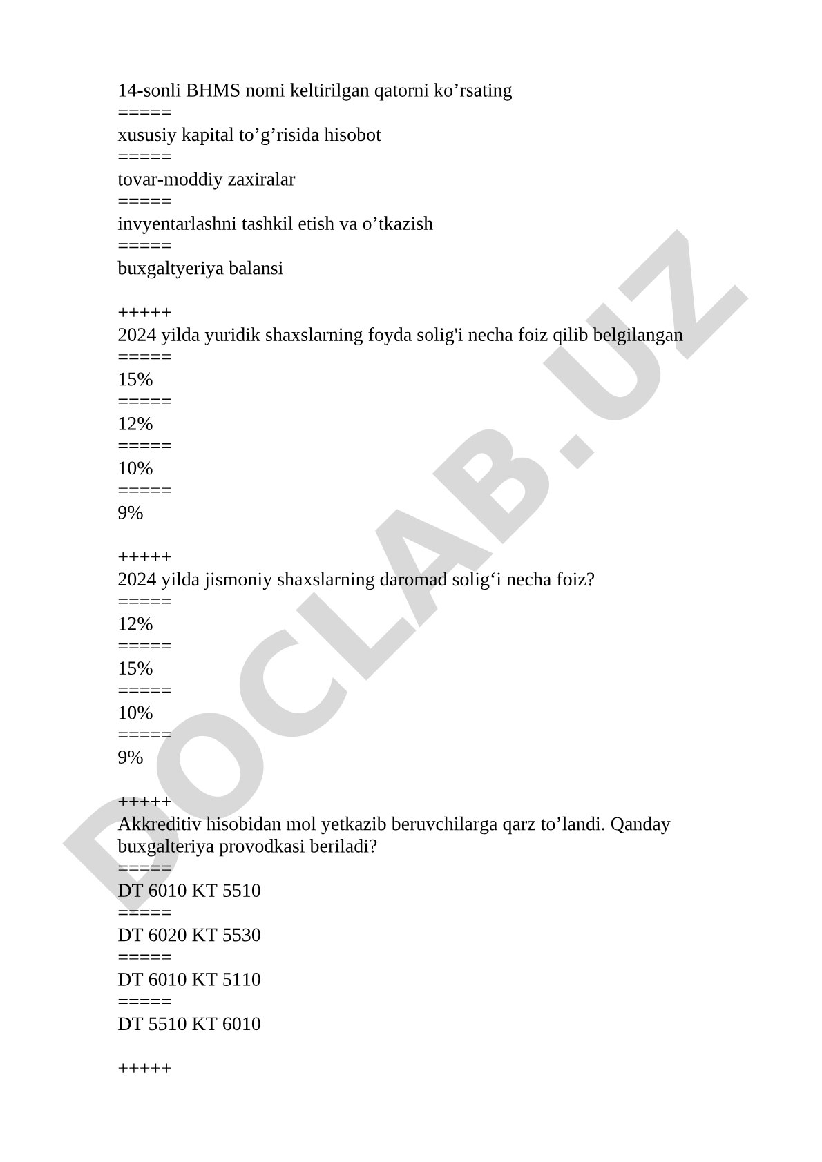 Buxgalteriya hisobi va soliqlar bo'yicha test savollari