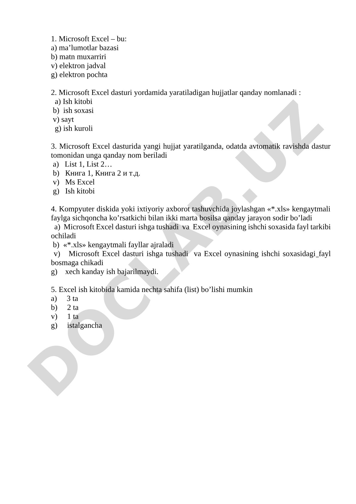 Microsoft Excel bo'yicha test savollari