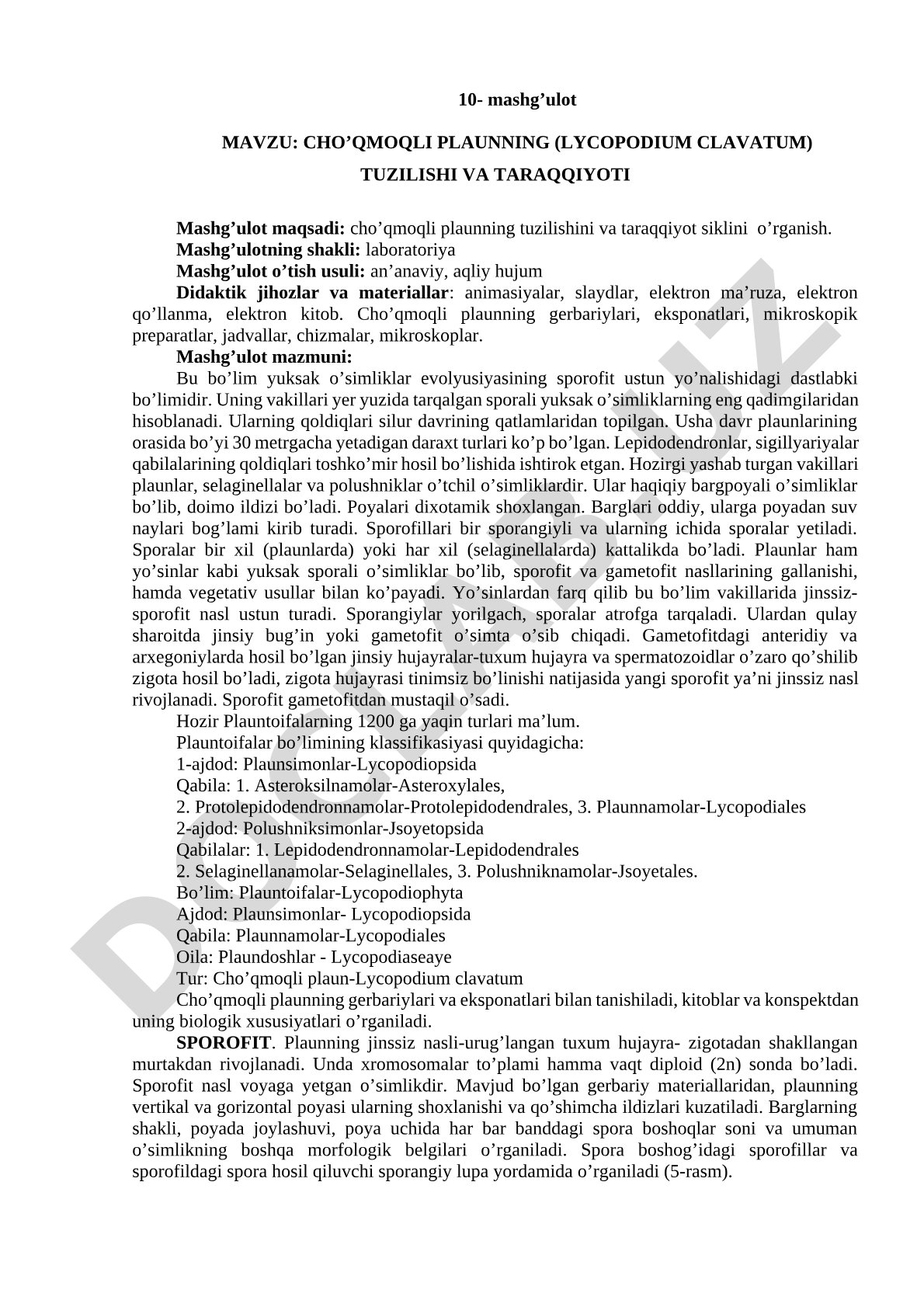Cho‘qmoqli plaunning (Lycopodium clavatum) tuzilishi va taraqqiyoti